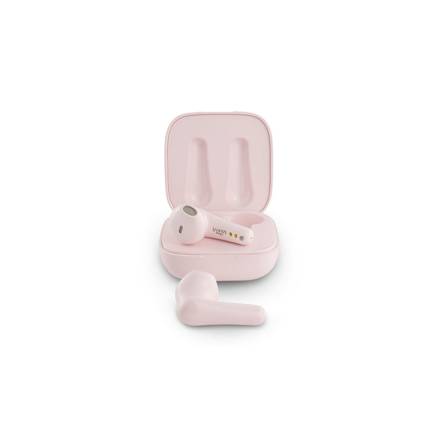 Pink earbuds in a pink charging case, and a single earbud. White background.