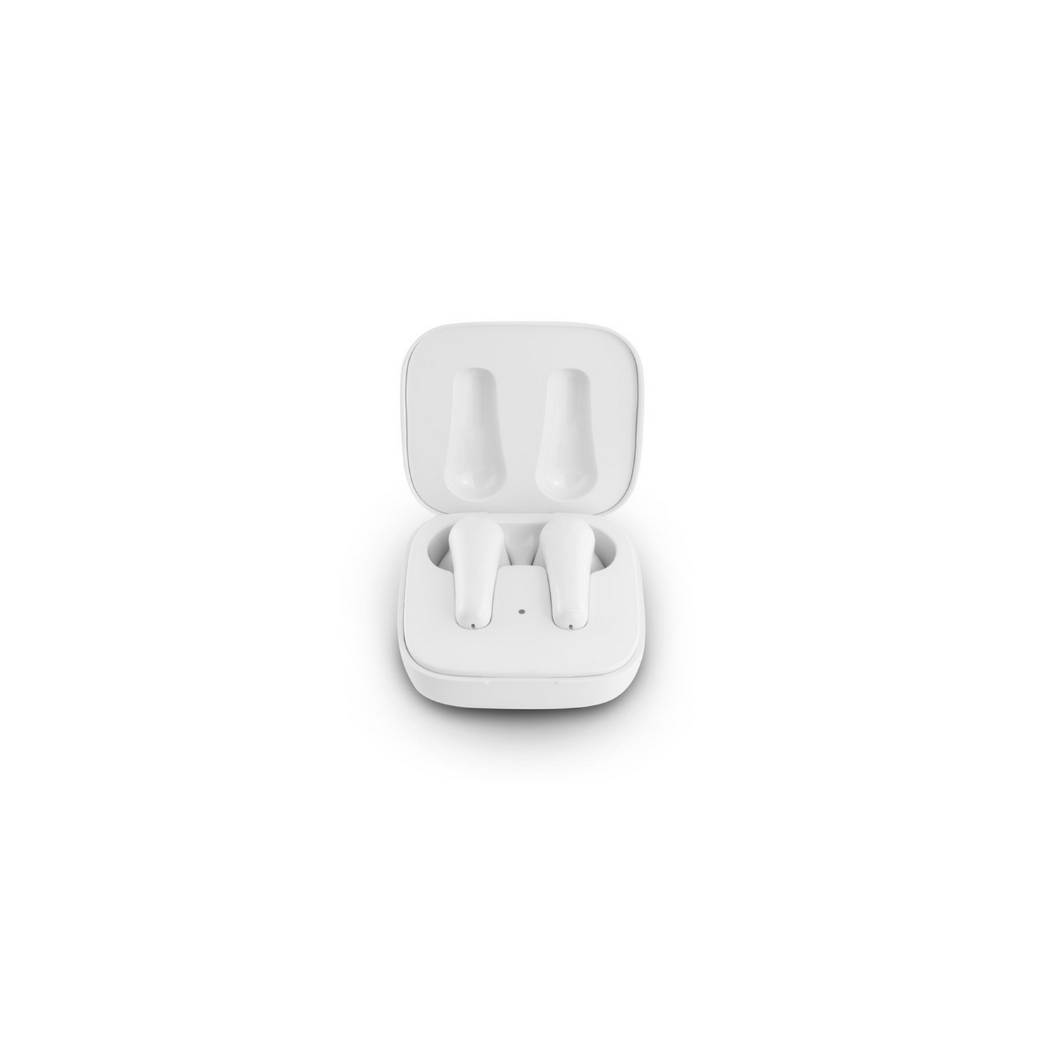 White wireless earbuds in their charging case. The case and earbuds are white.