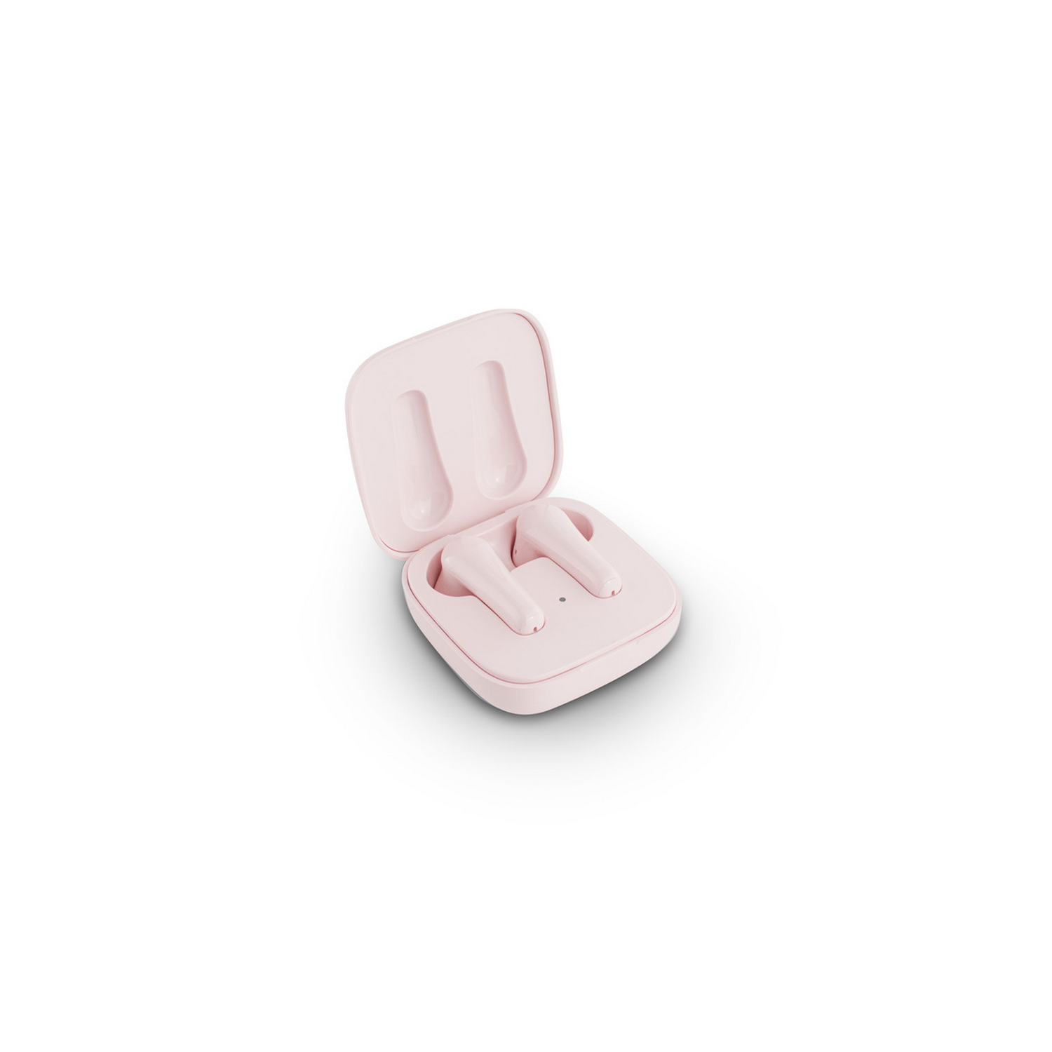 Pink charging case open with pink earbuds inside, white background.