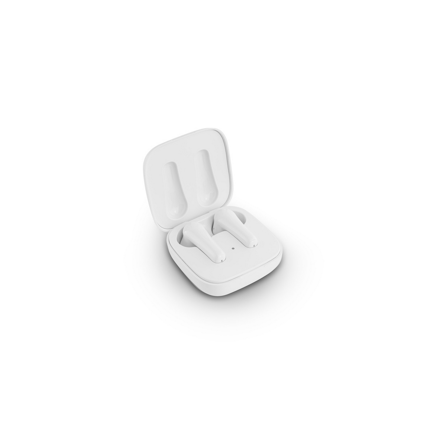 White wireless earbuds in a white charging case. The case is open, showing the earbuds.