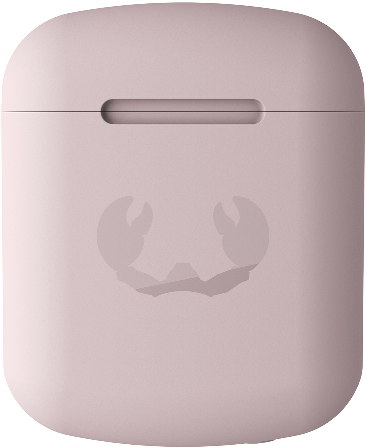 A light pink case for earbuds with a crab logo.