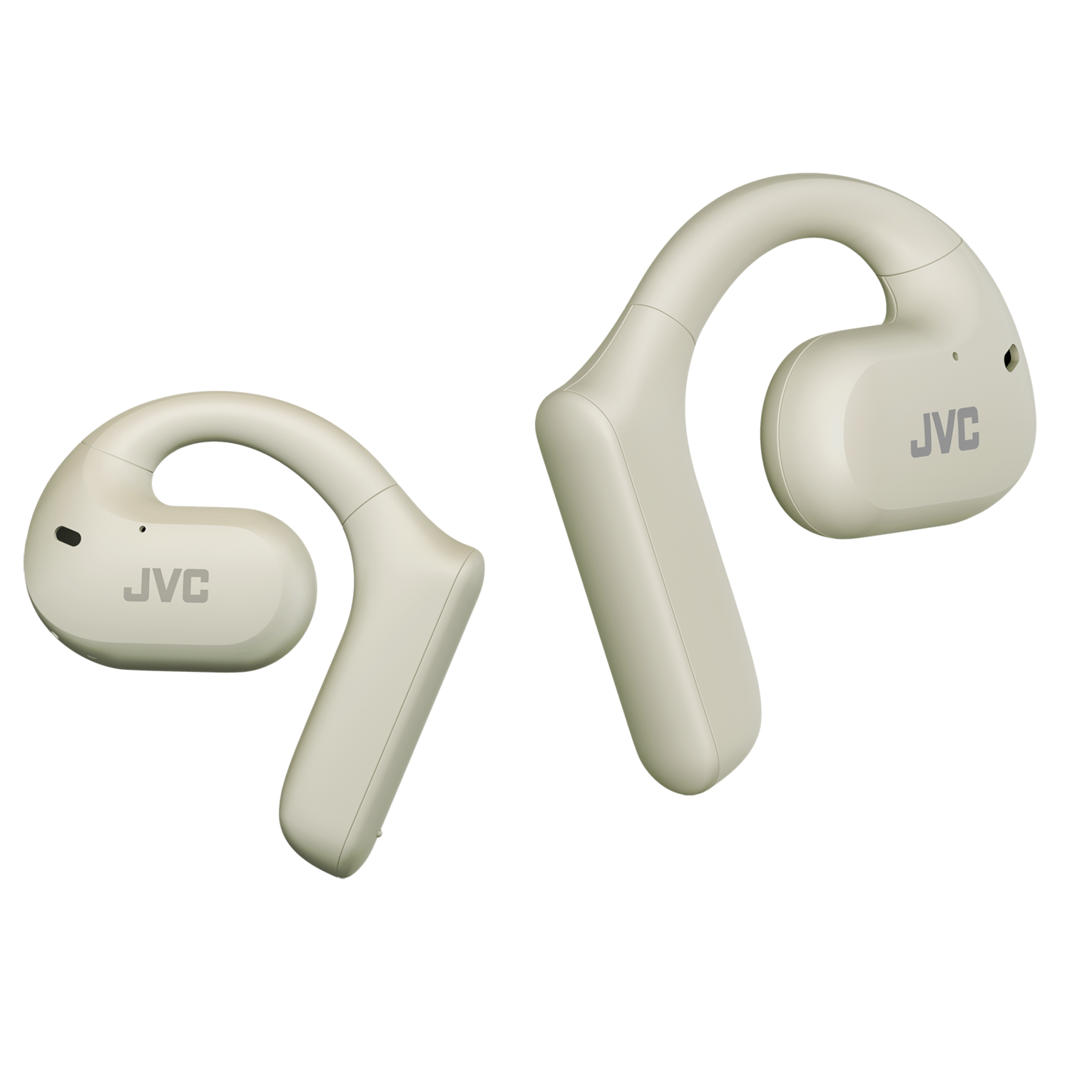 Dwa kremowe słuchawki JVC do przewodnictwa kostnego na czarnym tle. Każdy ma logo JVC.