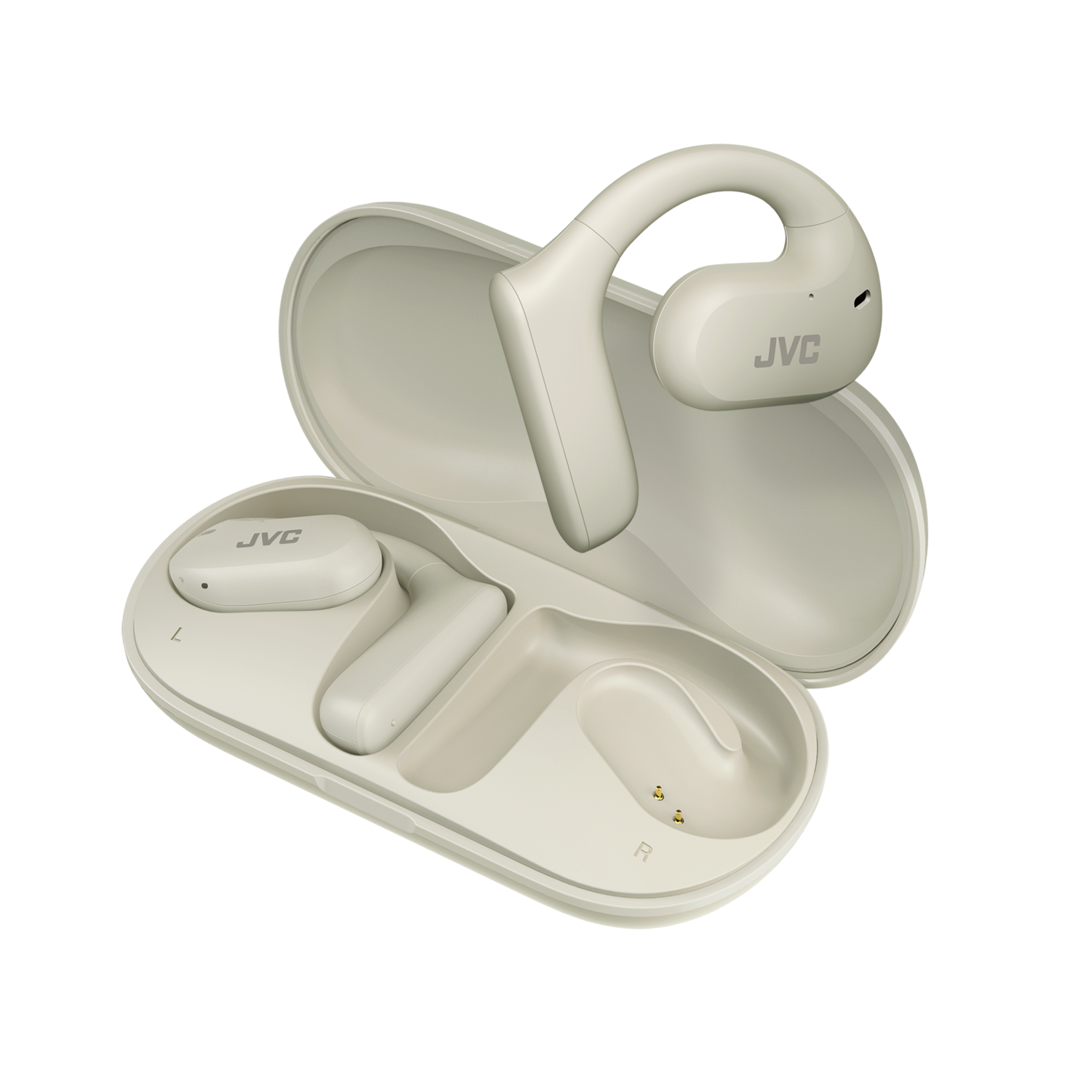Biały zestaw słuchawkowy JVC, z etui i dwoma oddzielnymi elementami.