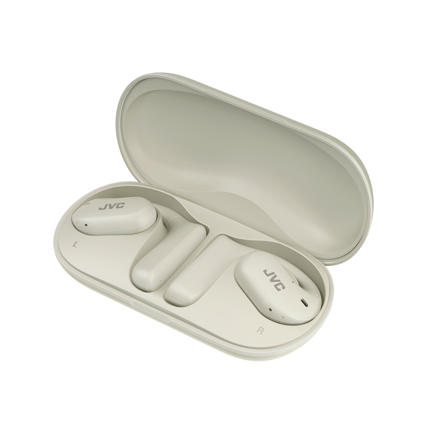 Otwarty futerał na słuchawki z dwoma słuchawkami, biały. Oznaczone JVC. Beżowe tło.