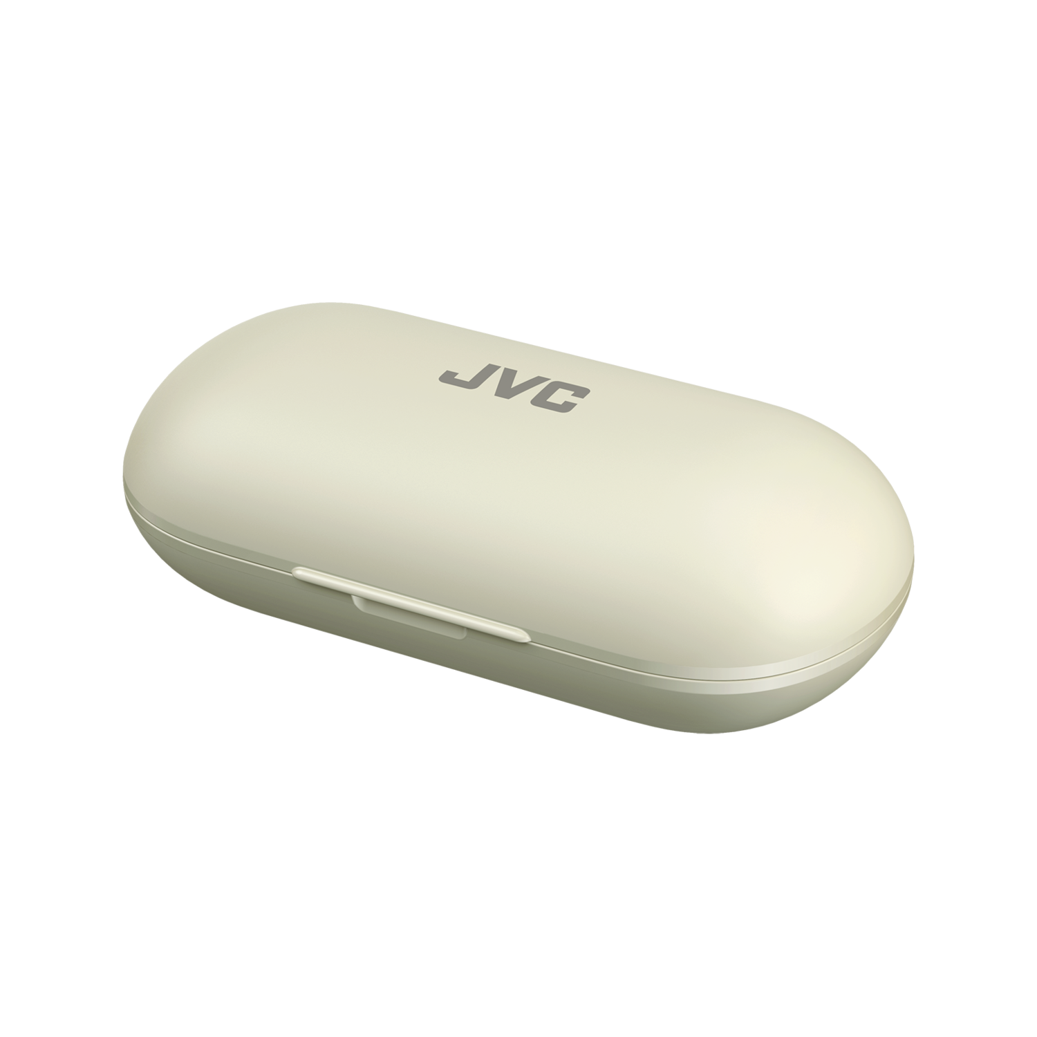 Białe etui ładujące JVC do słuchawek z logo JVC na górze.