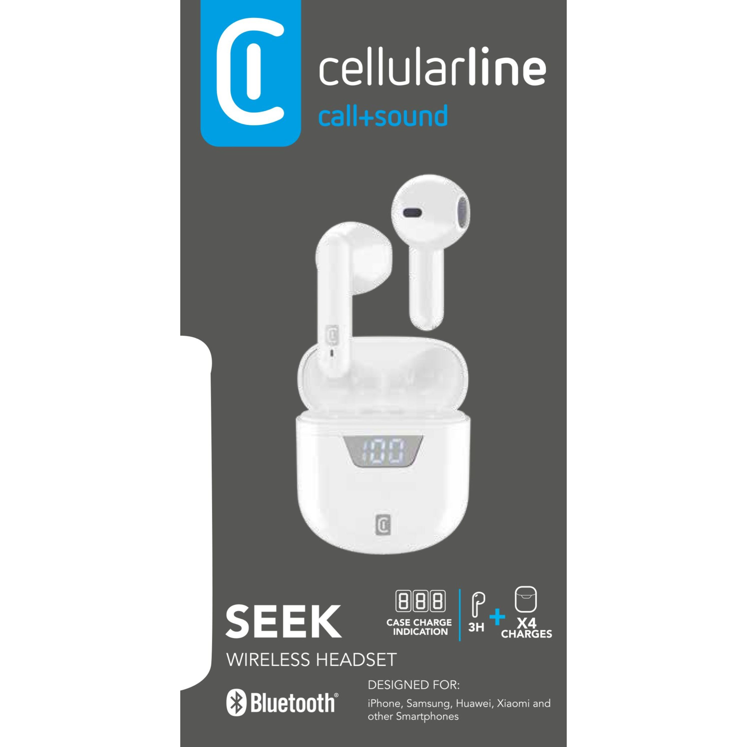 Auriculares blancos y estuche de carga. El estuche muestra una pantalla digital con el número 100.