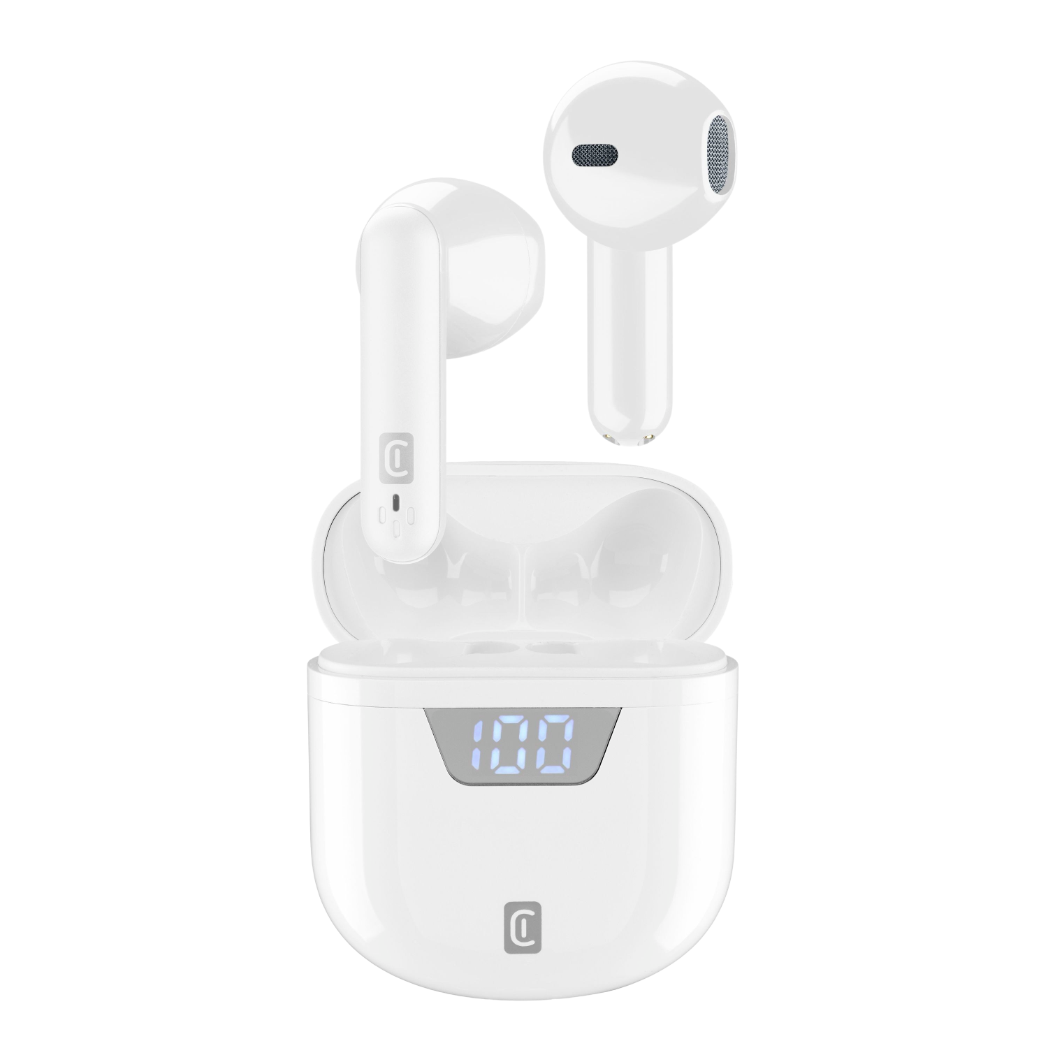 Auriculares inalámbricos blancos con estuche de carga. El estuche muestra un número digital.