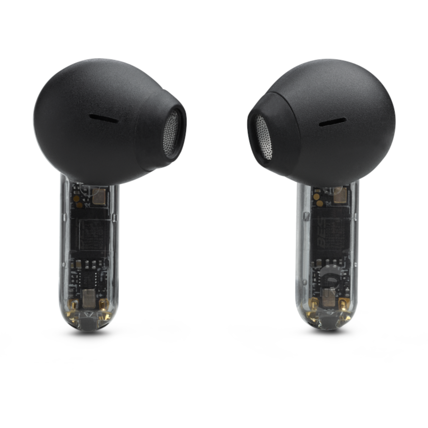 Due auricolari wireless neri con stelo trasparente, che mostrano i componenti interni.