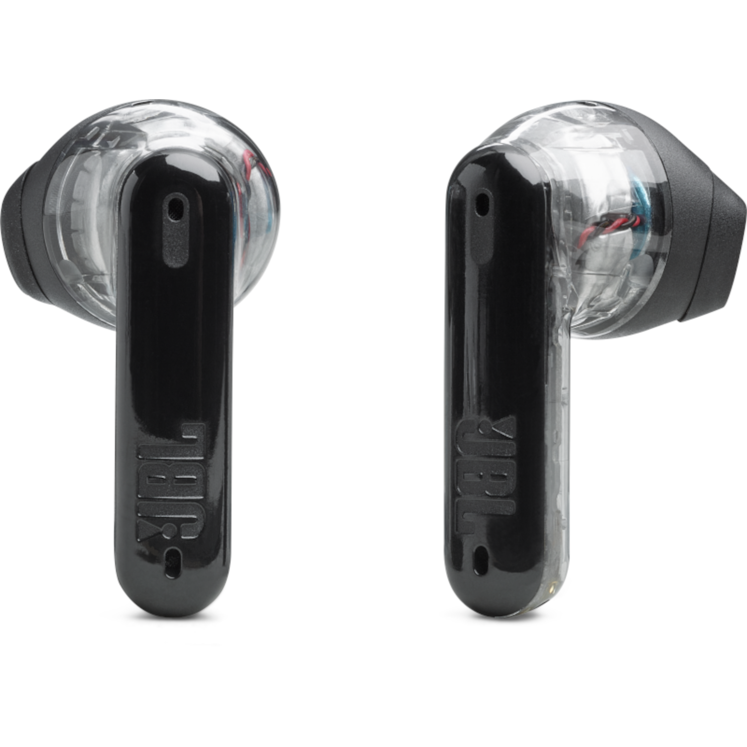 Due auricolari wireless neri e trasparenti con la scritta JBL. Sfondo bianco.