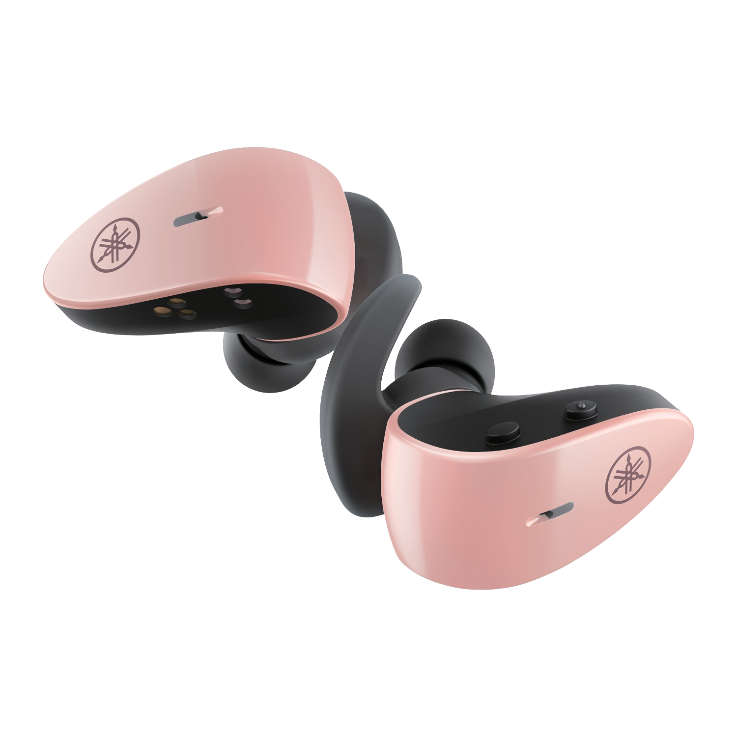Dwa różowe i czarne słuchawki. Logo Yamaha jest widoczne na każdej słuchawce.
