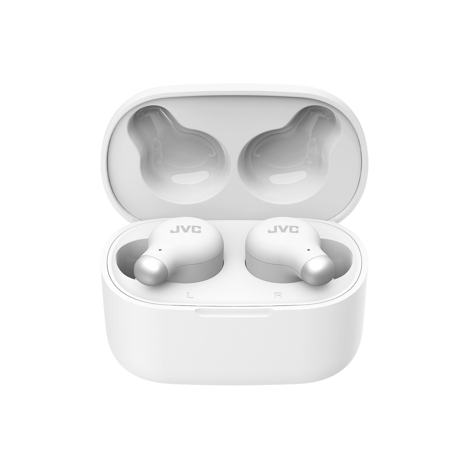 Białe słuchawki JVC w otwartym etui ładującym. Etui jest białe, a słuchawki szare.