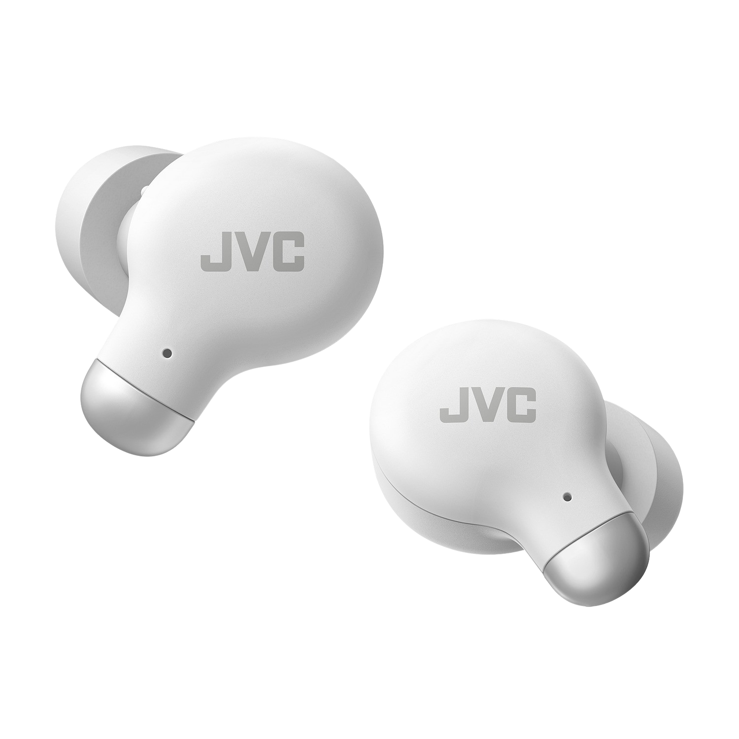 Dwa białe słuchawki JVC na czarnym tle, widok z kąta.