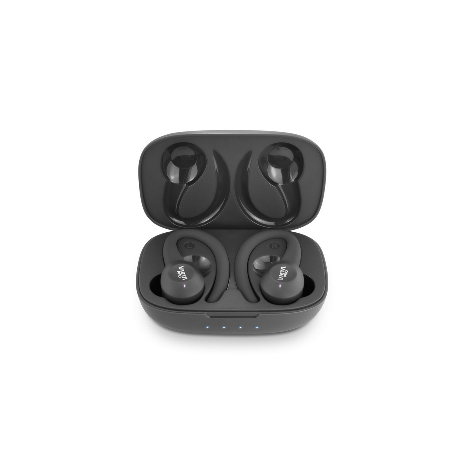 Auricolari neri in una custodia di ricarica nera, con sfondo bianco.