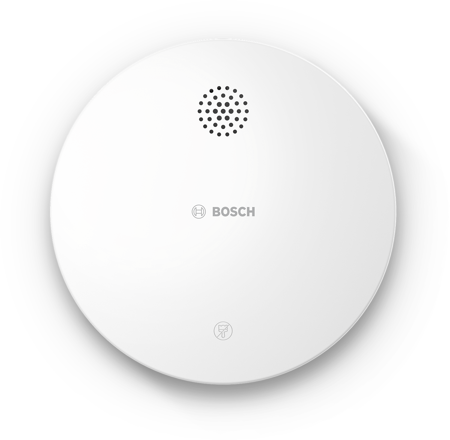 Biała czujka dymu z logo BOSCH. Posiada głośnik i małą ikonę.