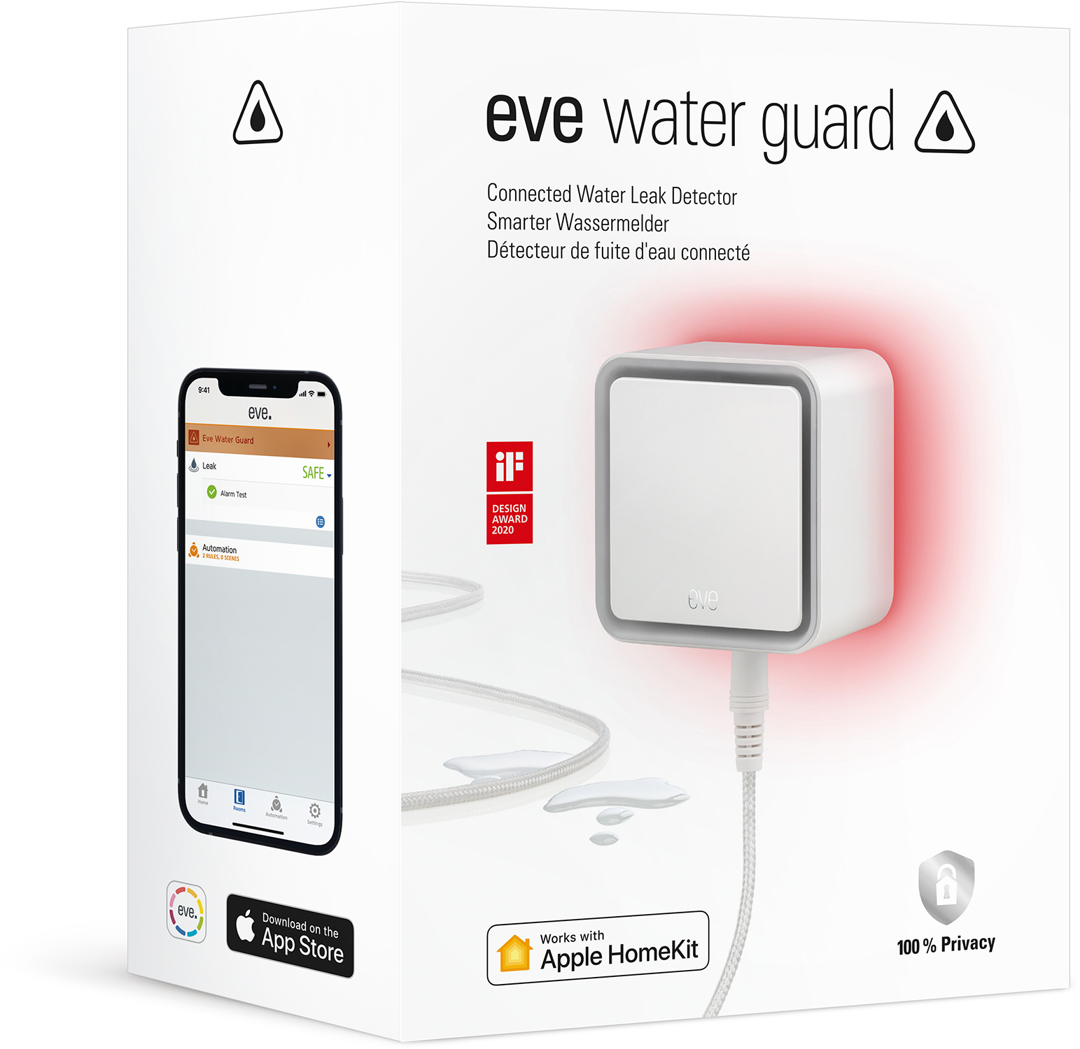 Caja de un detector de fugas de agua Eve, con un detector y una aplicación de teléfono que se muestran en el frente.