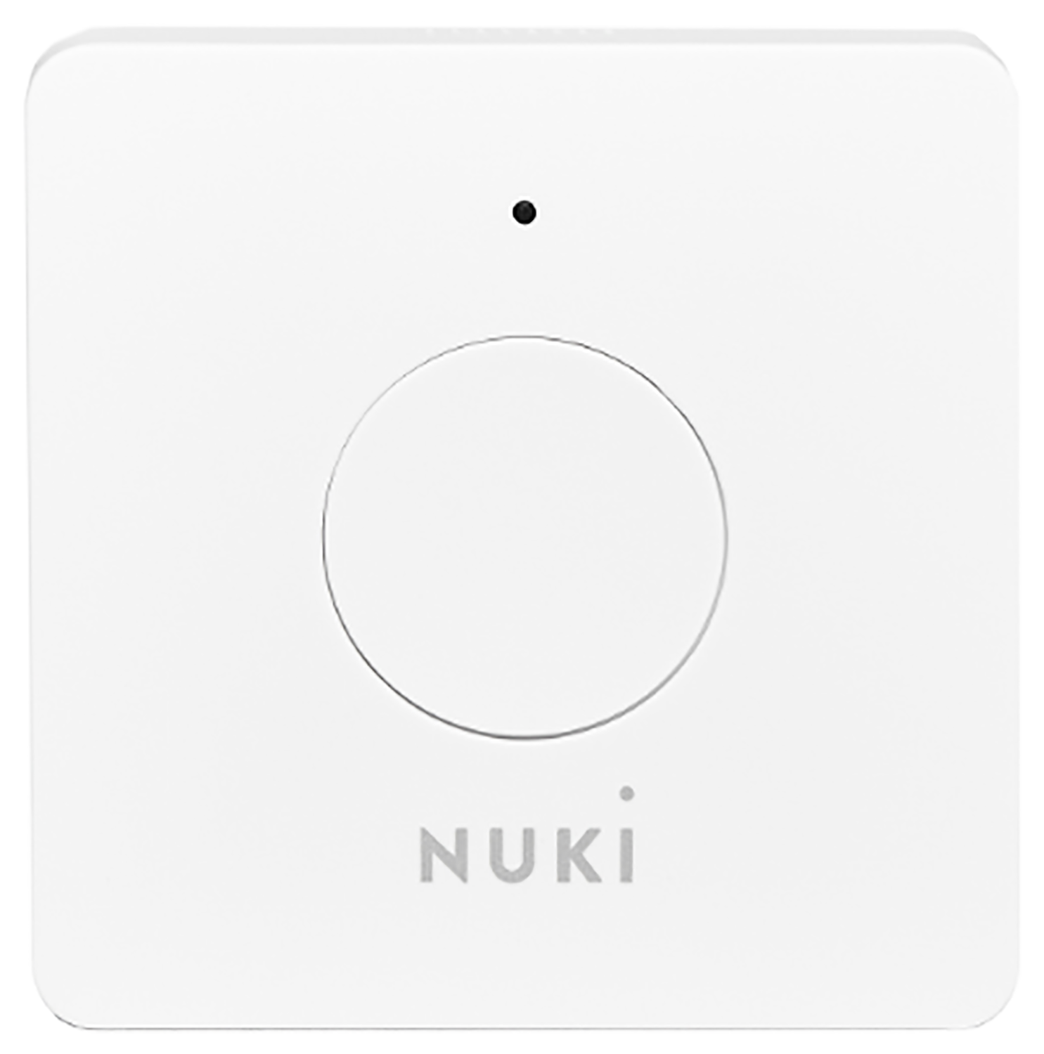 Ein weißes quadratisches Smart-Home-Gerät. Das Wort NUKI steht unten.