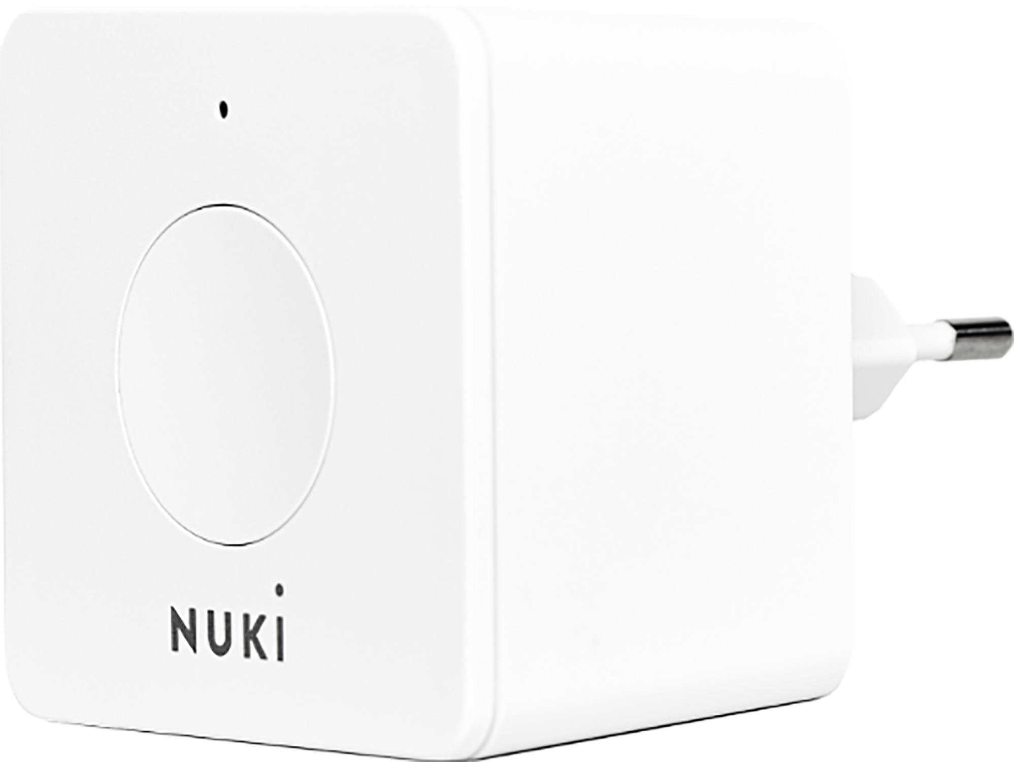 Weißer Nuki Smart Lock Adapter mit Stecker und Knopf.
