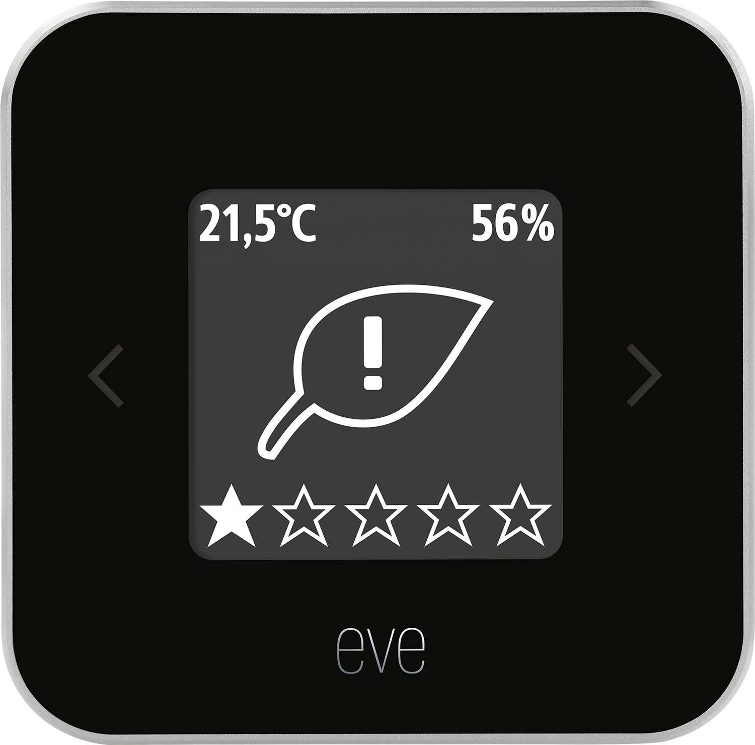 Czarne urządzenie smart home z ikoną liścia oraz odczytami temperatury i wilgotności.