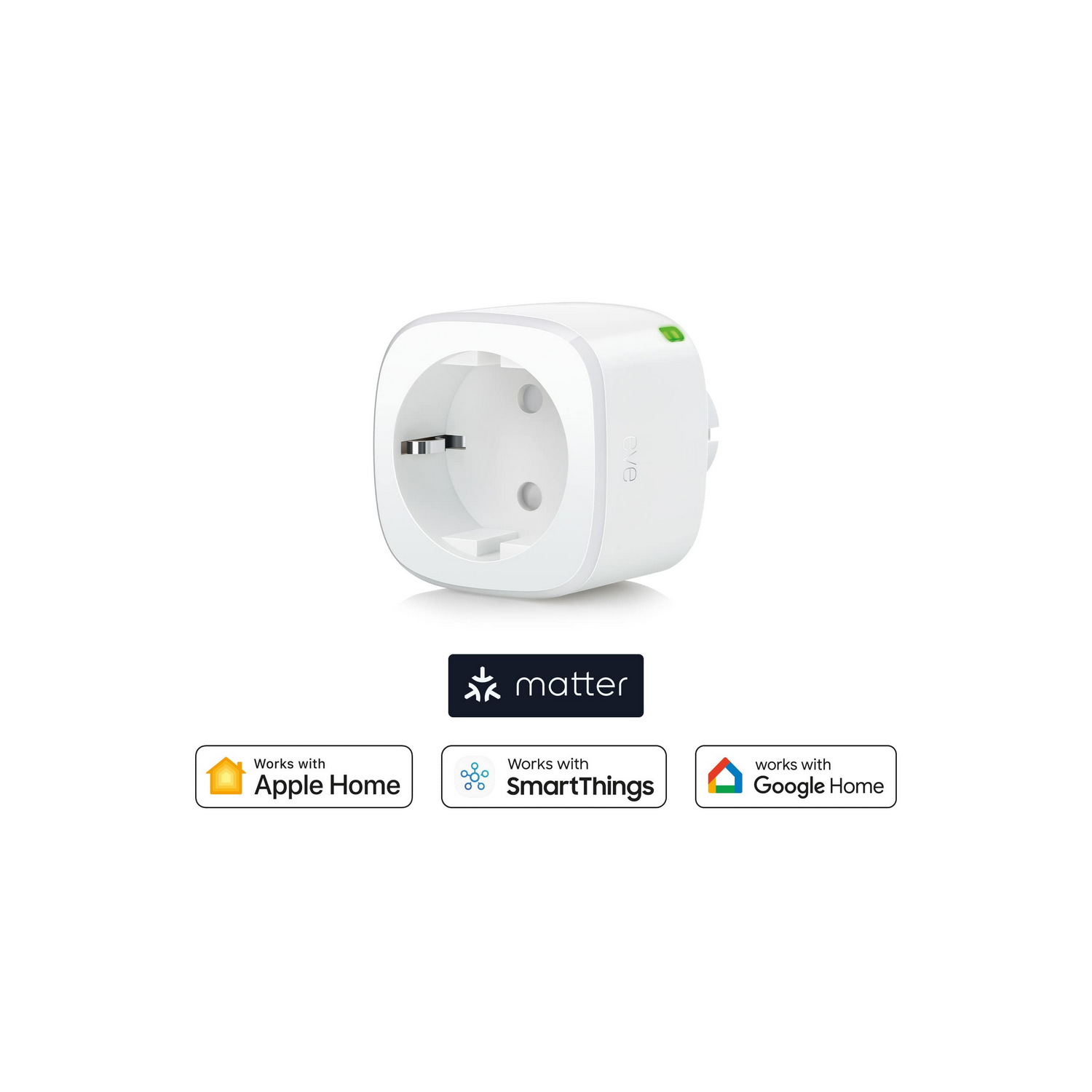 Weißer Smart Plug mit Matter-Logo und Kompatibilitätsabzeichen: Apple, SmartThings, Google Home.