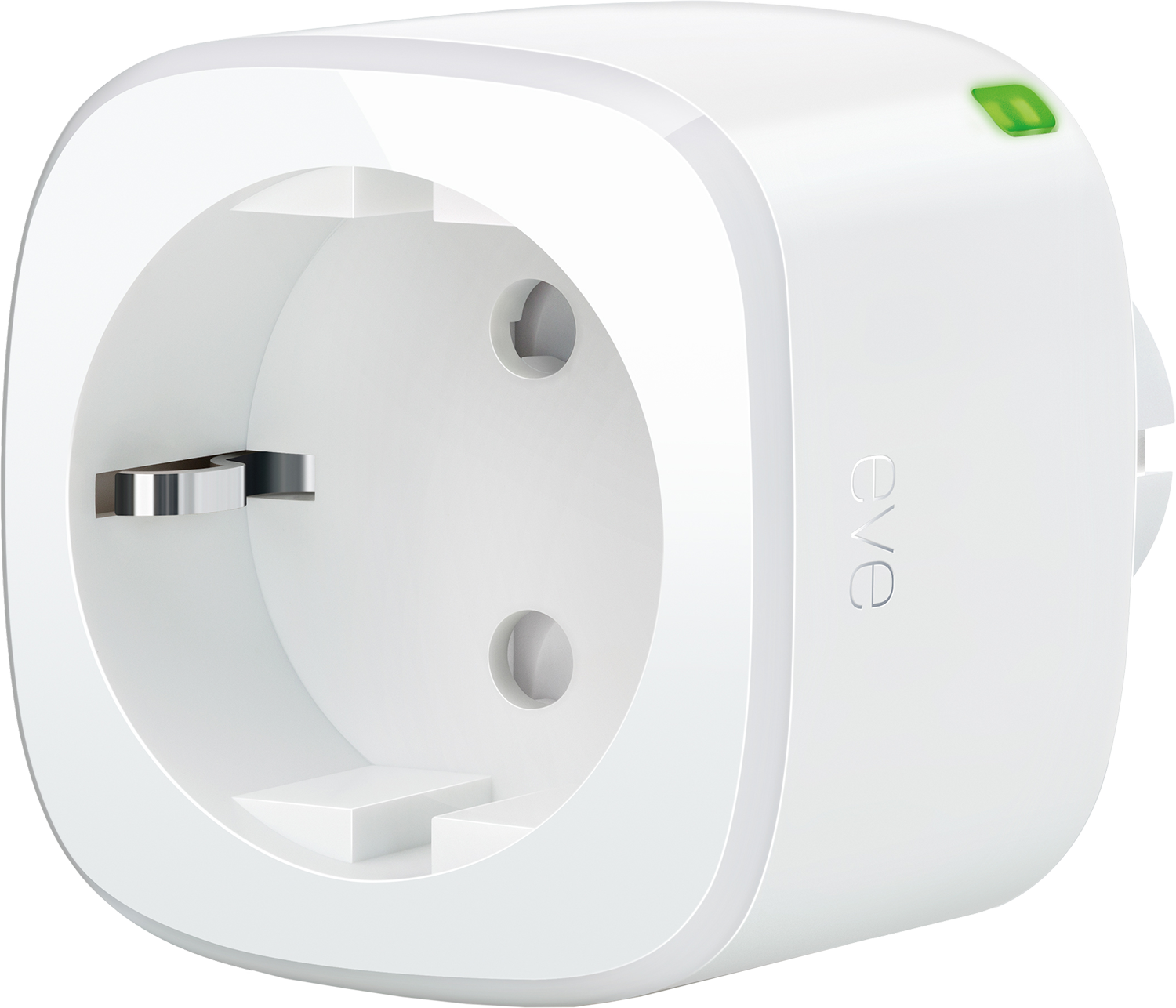 Ein weißer Smart Plug mit grünem Licht. Er wird in eine Steckdose gesteckt.