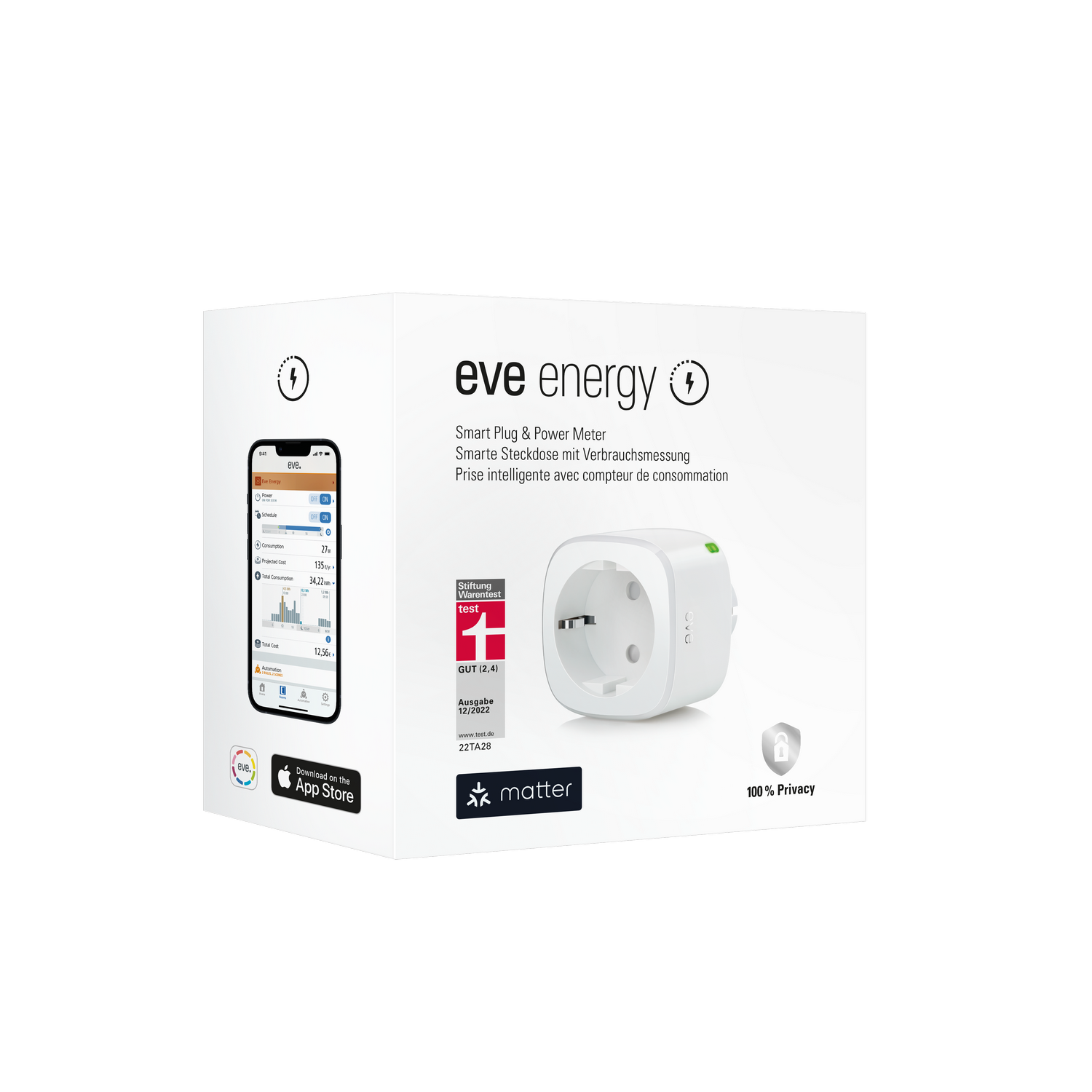 Weiße Box des Eve Energy Smart Plug und Strommessgeräts, mit App-Anzeige.