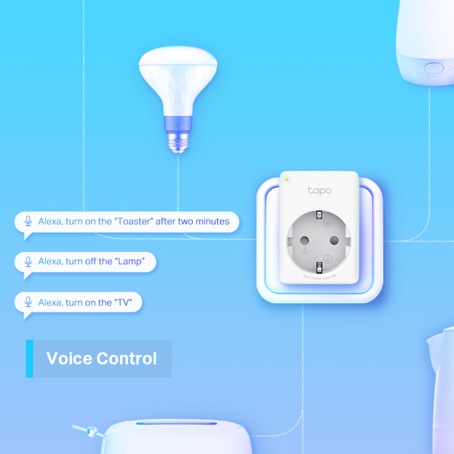 Smart-Home-Setup mit Smart-Stecker, Glühbirne und Sprachbefehlen.