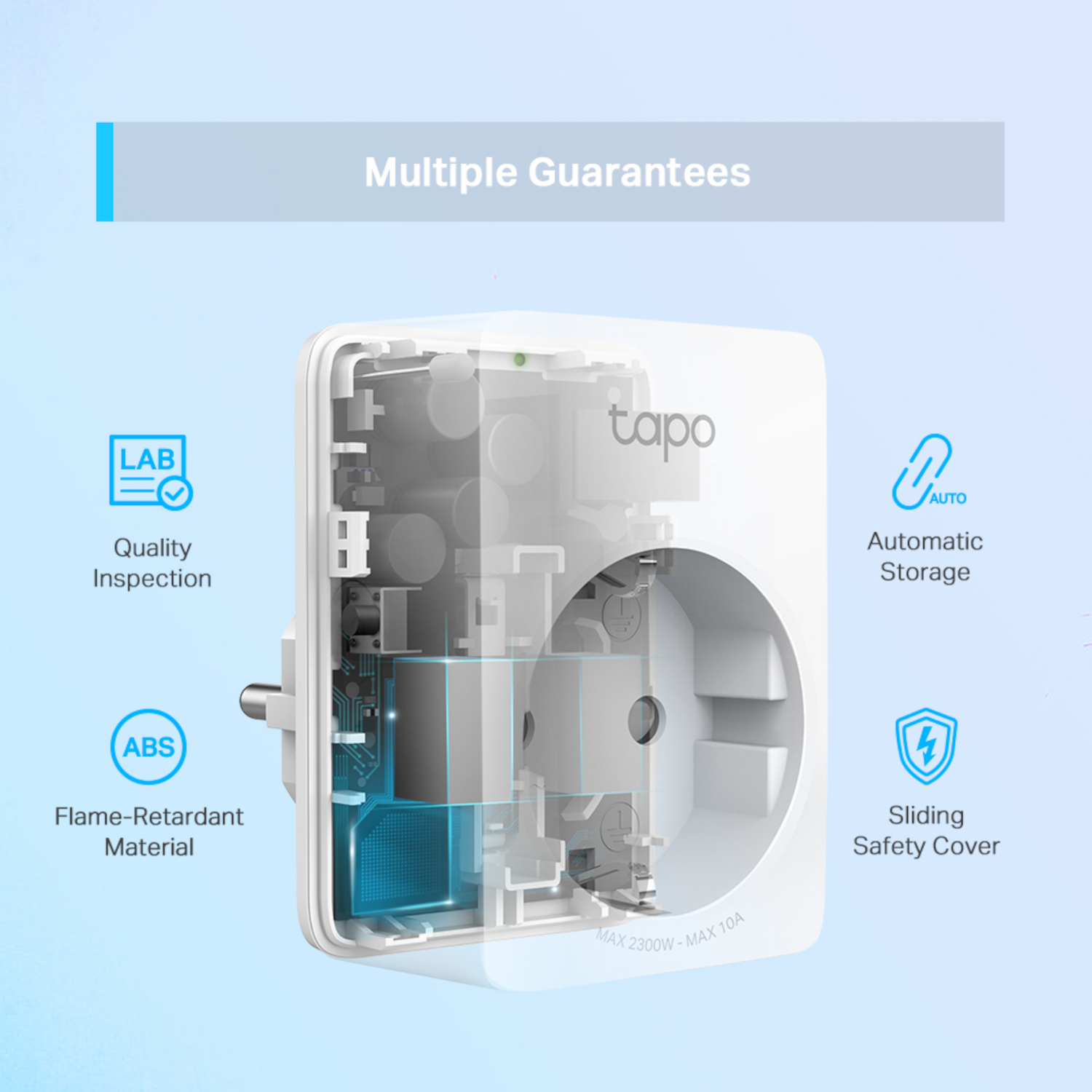 Weißer Smart Plug mit mehreren Garantien, der eine transparente Ansicht der inneren Komponenten zeigt.