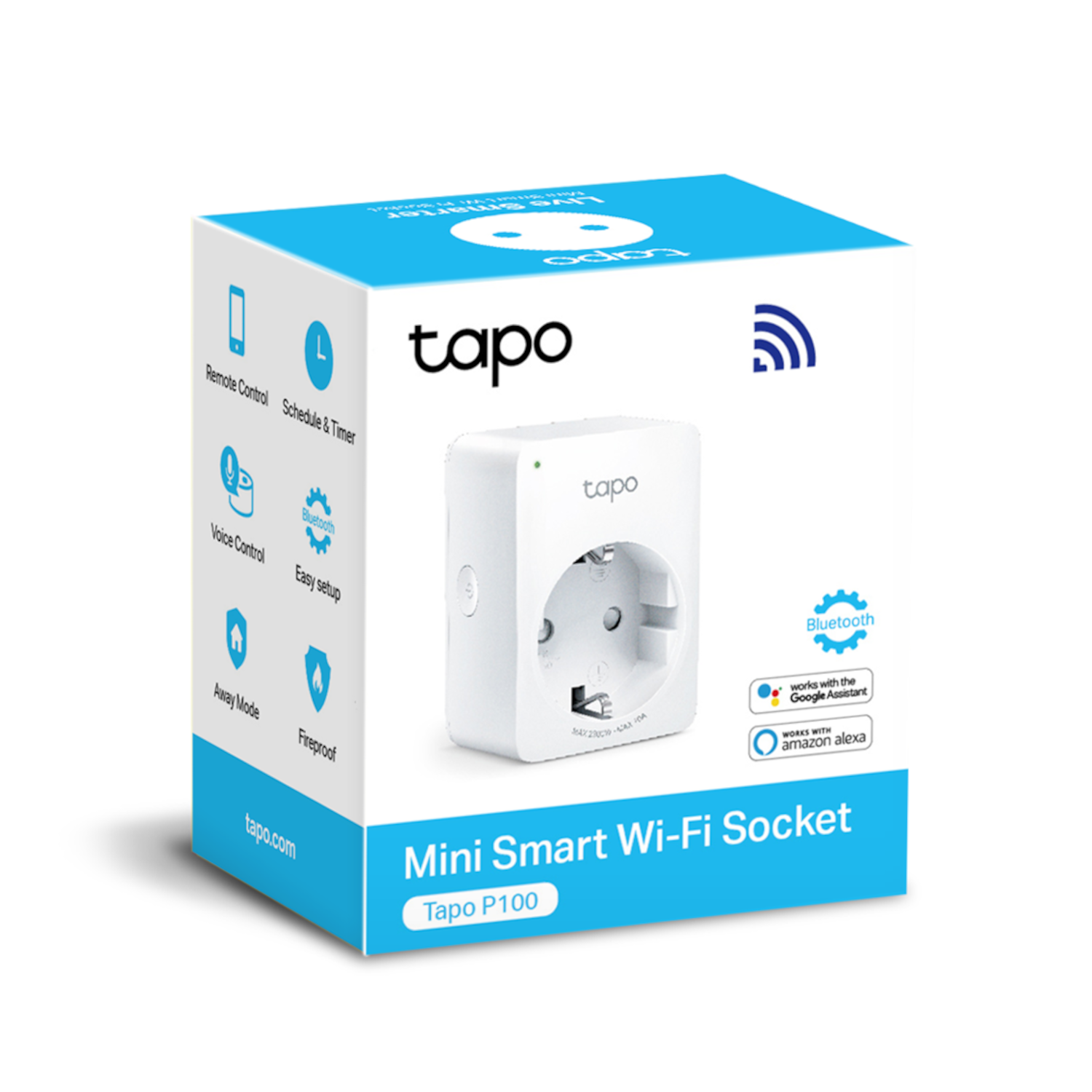 Weißer Mini Smart Wi-Fi-Steckdose in der Box. Die Box hat Text und Symbole, einschließlich eines Bluetooth-Symbols.