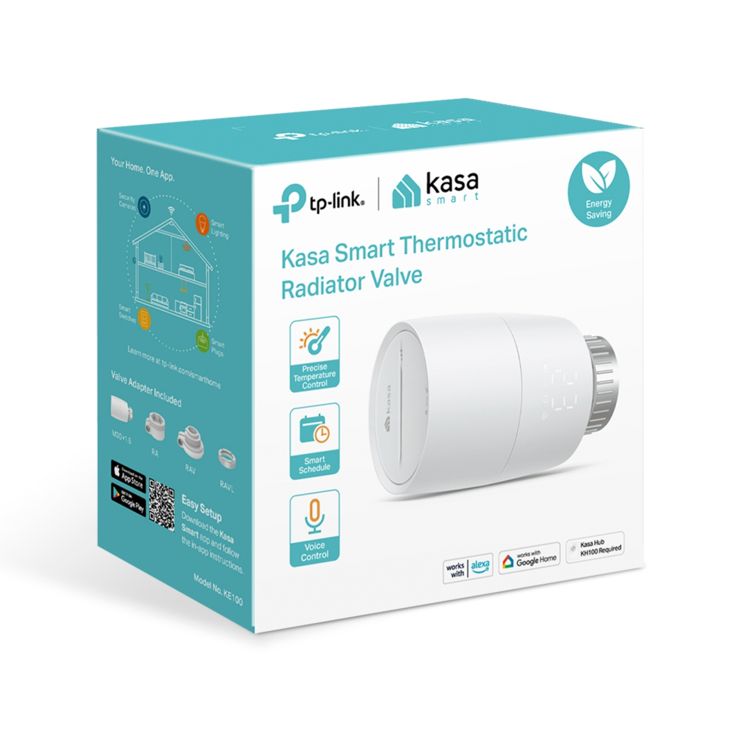 White smart radiator valve in a box with text and images.