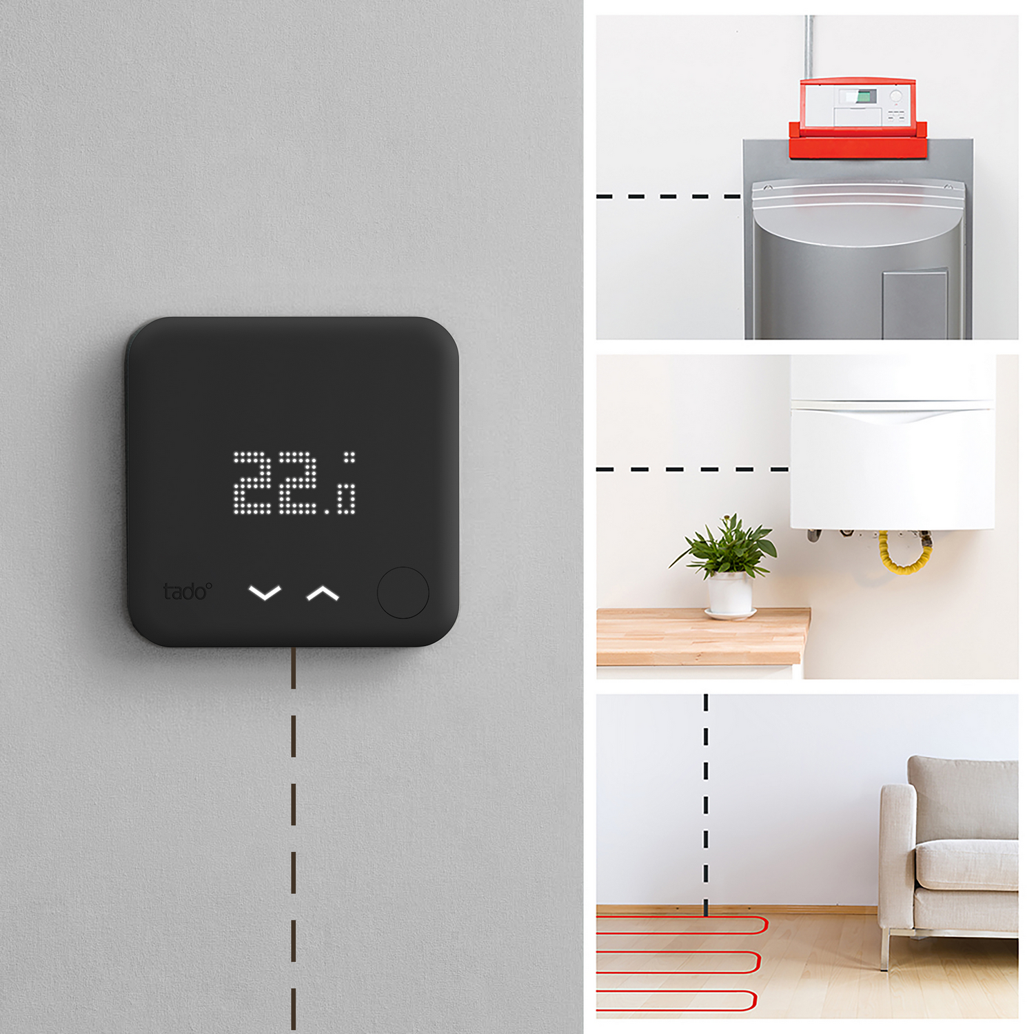 Thermostat an der Wand, mit Bildern von Heizsystemen und Möbeln.