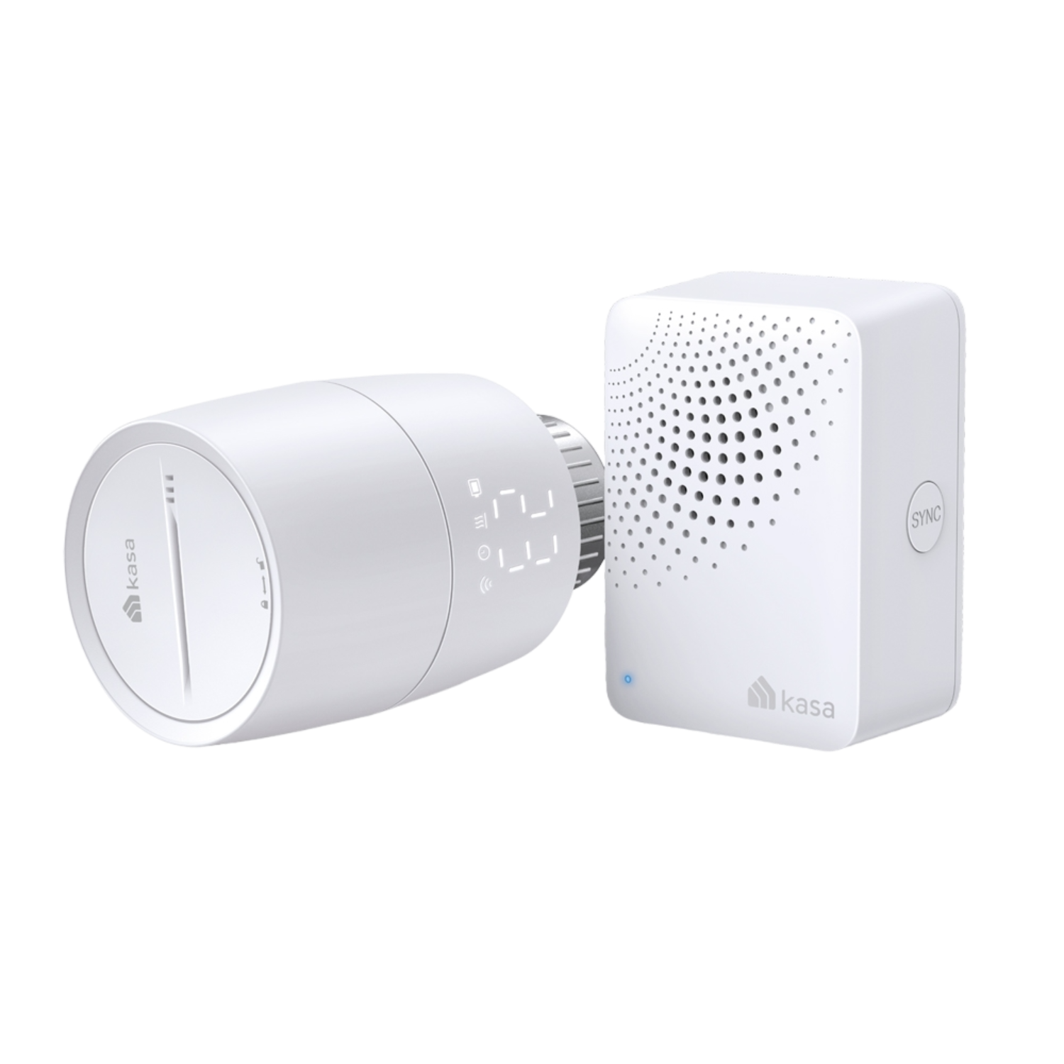 Thermostat intelligent blanc et un hub carré blanc, tous deux avec le logo 'Kasa'.
