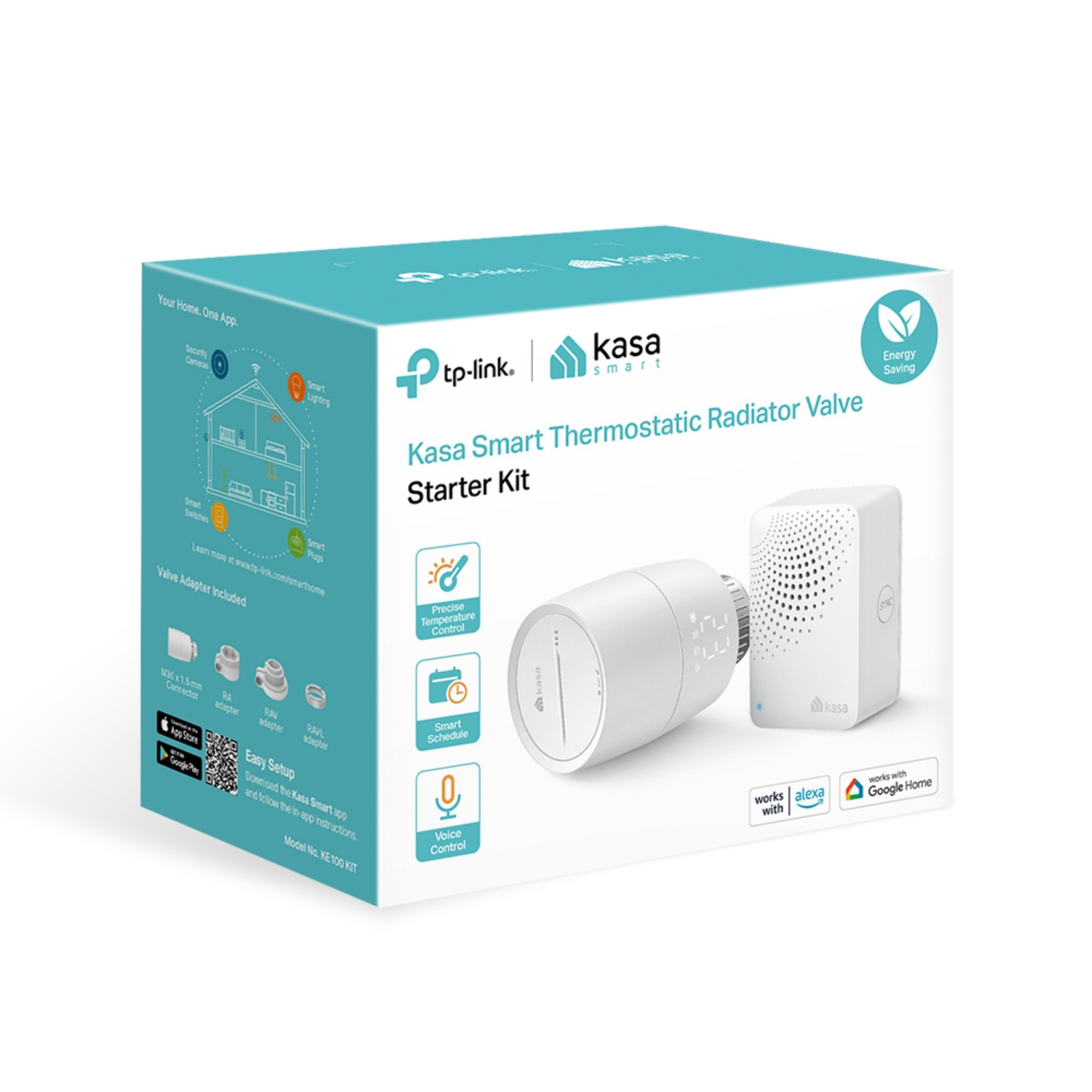 Une boîte du kit de démarrage de vanne de radiateur thermostatique Kasa Smart sur fond blanc, avec détails.