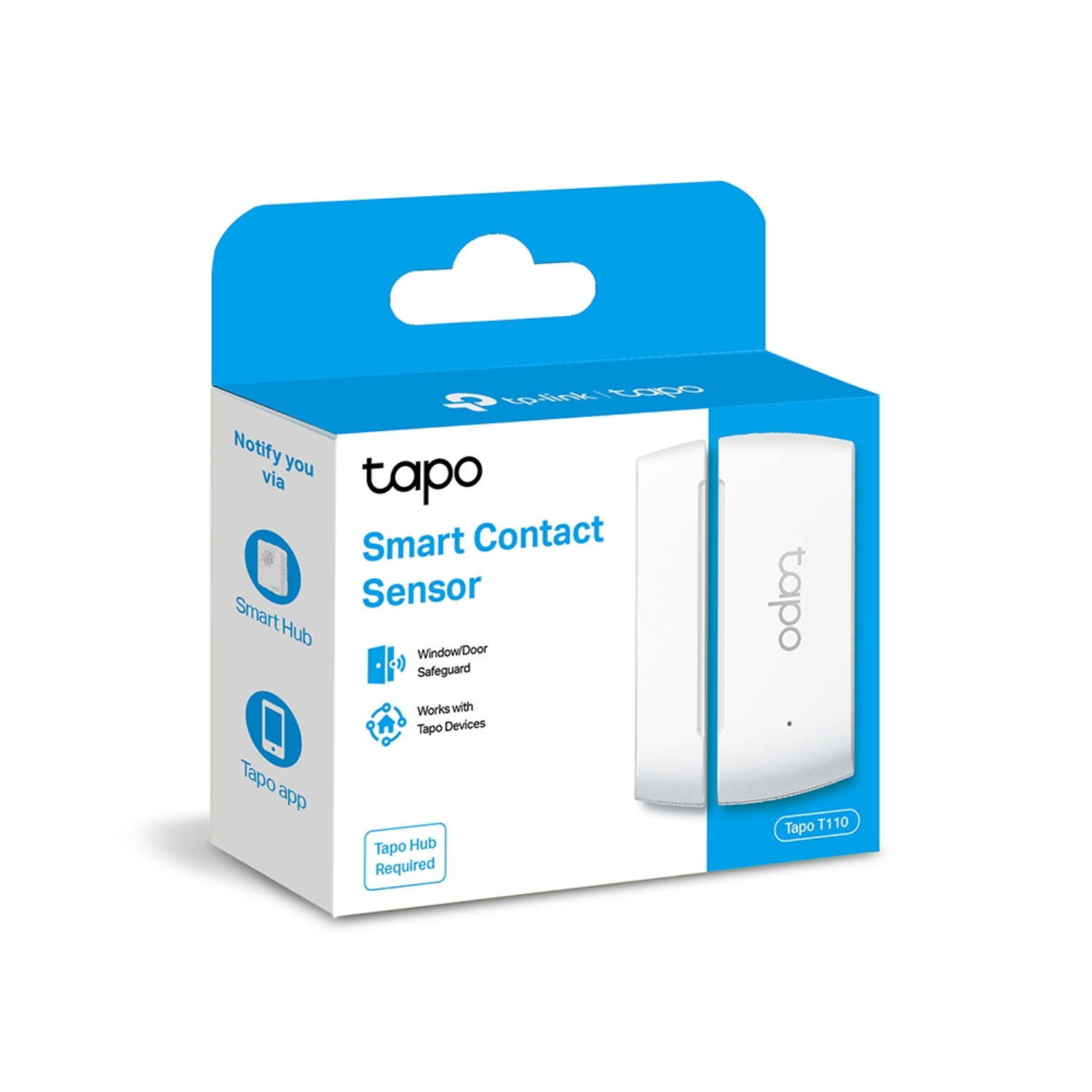 Boîte blanche et bleue d'un capteur de contact intelligent. Texte : Capteur de contact intelligent, Tapo Hub requis.