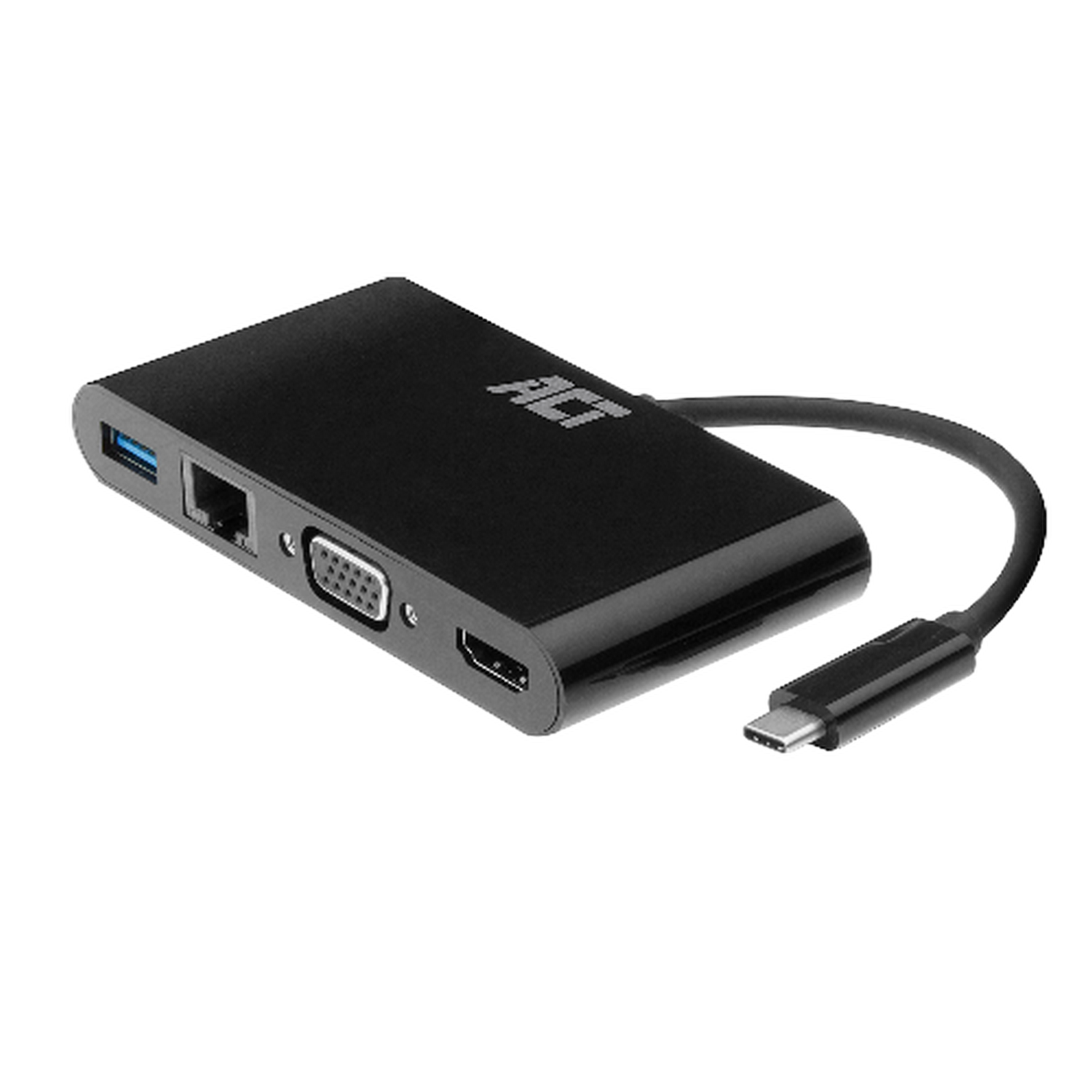 Ein schwarzer USB-C-Hub mit mehreren Anschlüssen, einschließlich USB, HDMI und Ethernet.
