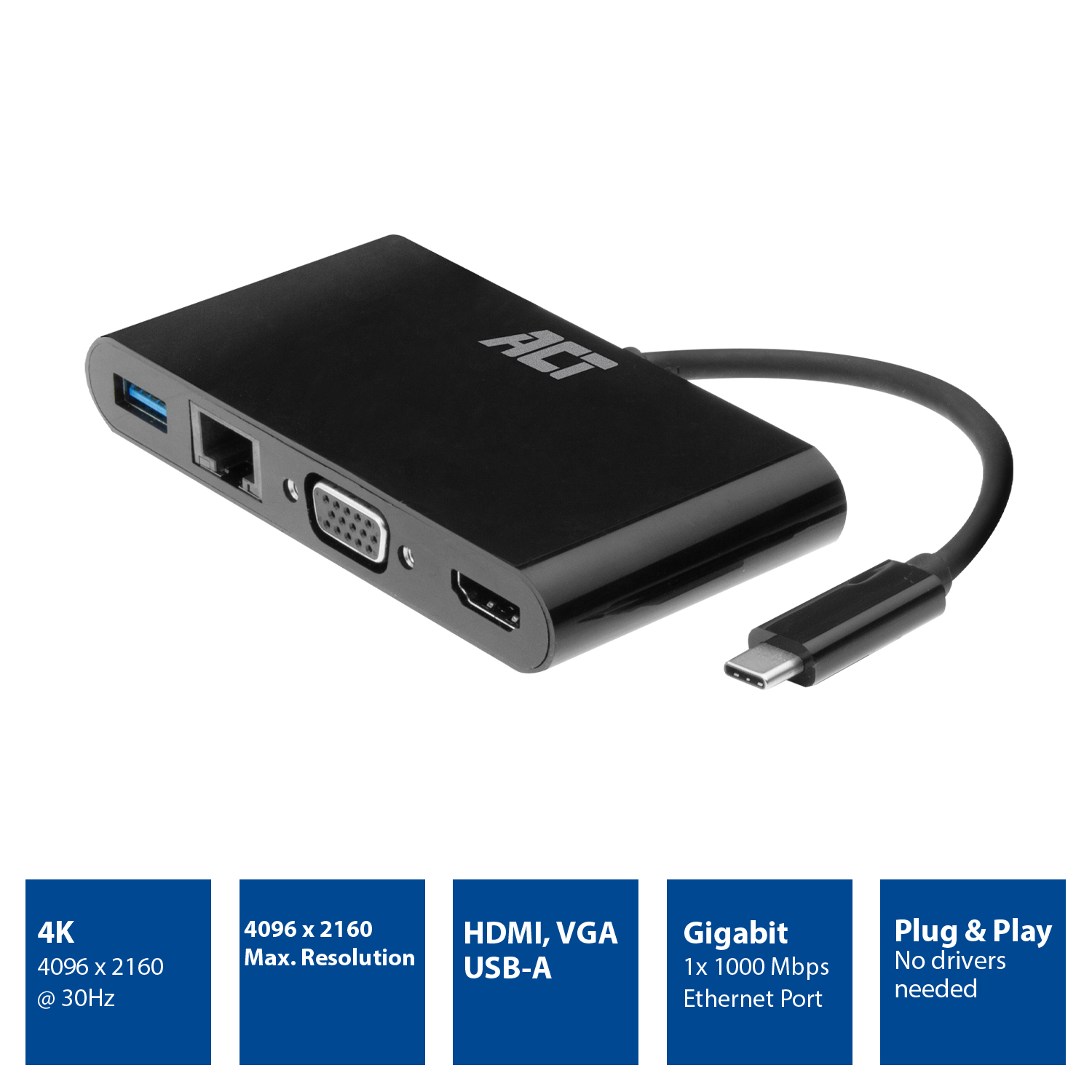 Schwarzer Multiport-Adapter mit mehreren Eingangs- und Ausgangsanschlüssen, Kabeln, auf weißem Hintergrund.