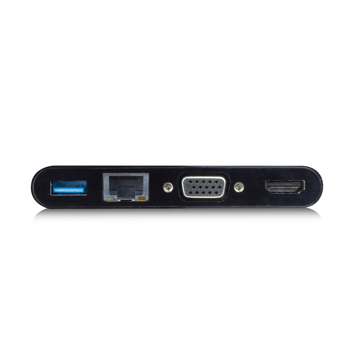 Schwarzer Adapter mit mehreren Anschlüssen: USB, Ethernet, VGA und HDMI. Der Adapter wird von unten gezeigt.