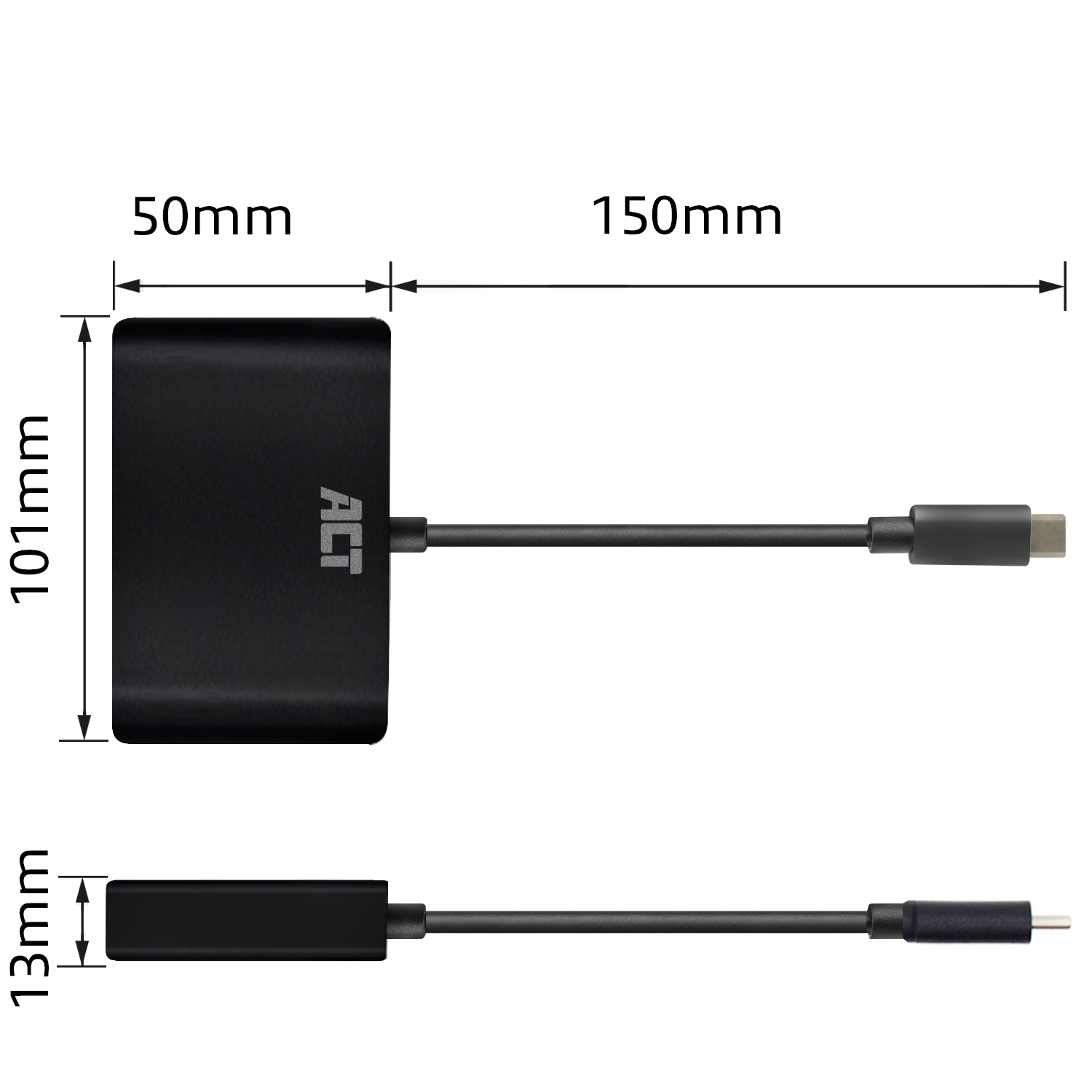 Schwarzer Adapter mit Maßen. 50mm x 101mm, Kabel 150mm lang und 13mm dick. Marke ACT.