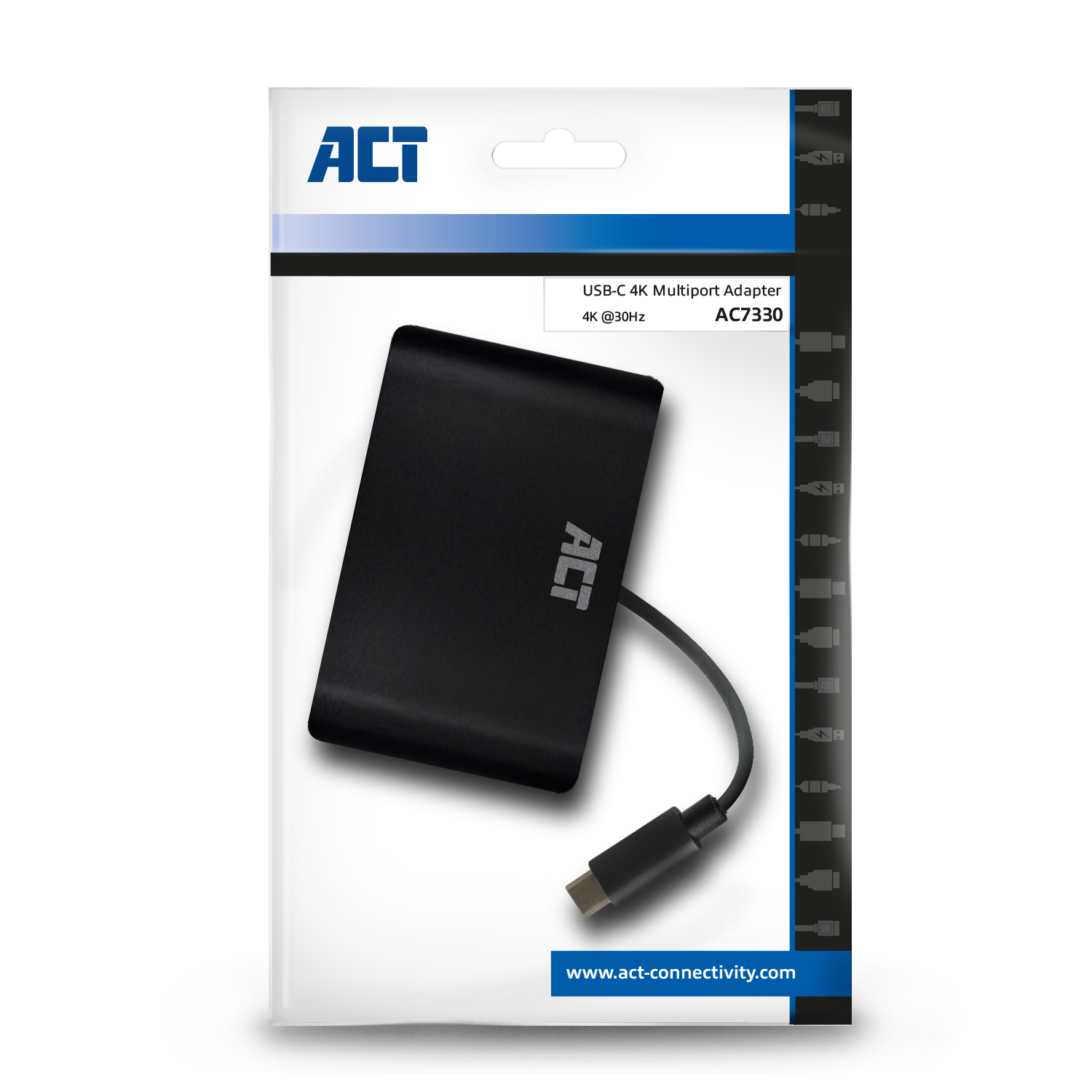 Ein schwarzer Multiport-Adapter mit USB-C-Anschluss in einer Verpackung.