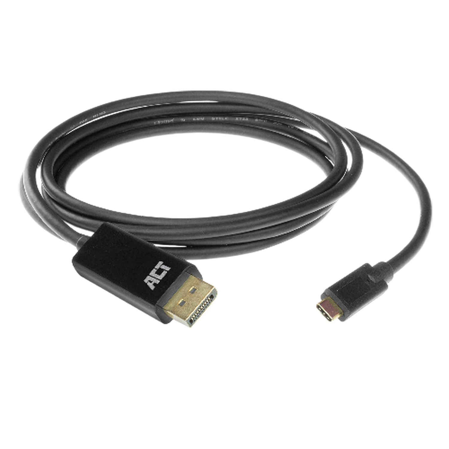 Black DisplayPort to USB-C cable, coiled. ACT logo. Black background.