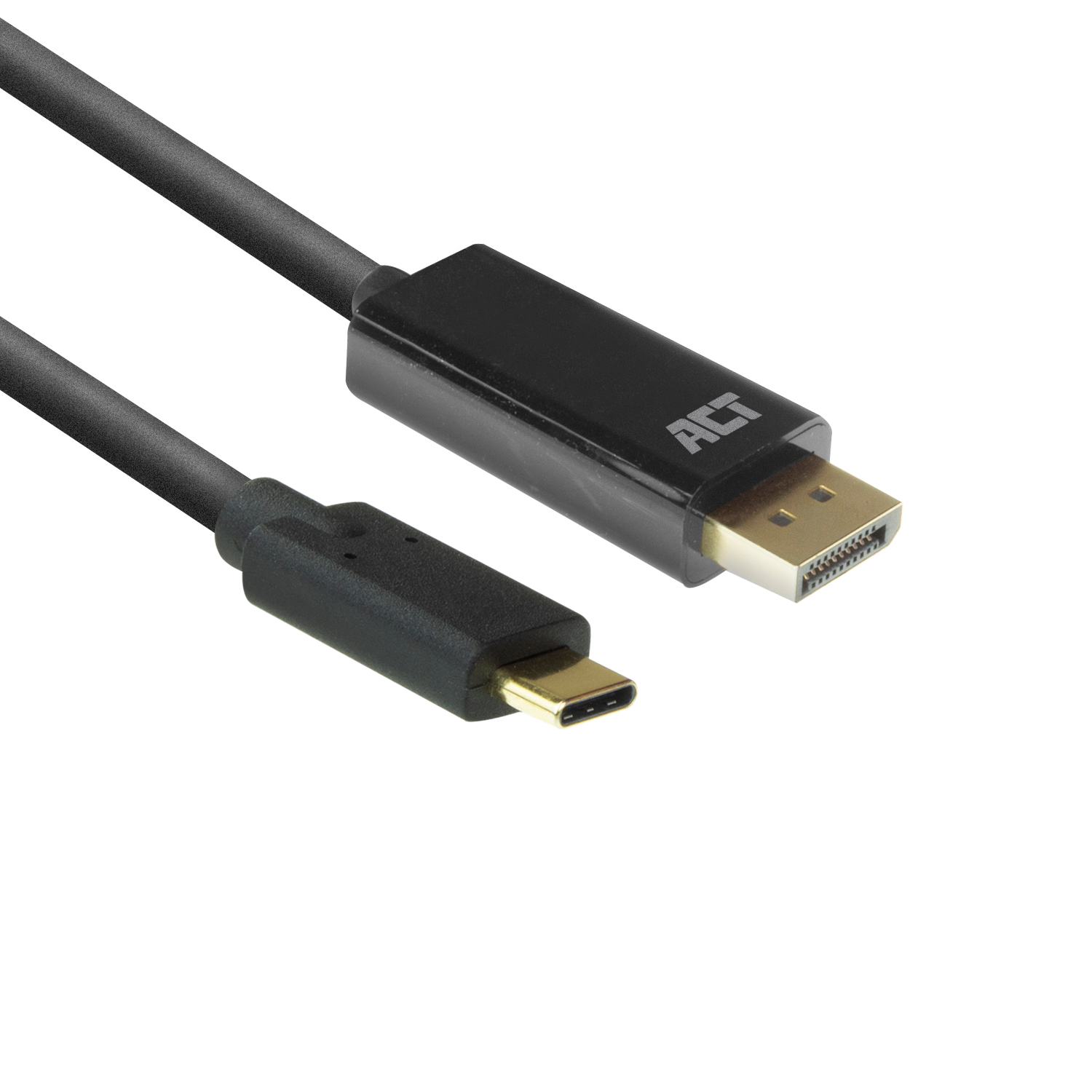 Black USB-C to DisplayPort cable. The USB-C connector is black, the other is gold.