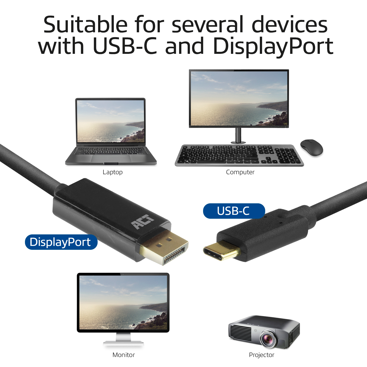 A black cable with USB-C and DisplayPort connectors, with a laptop, computer and monitor.