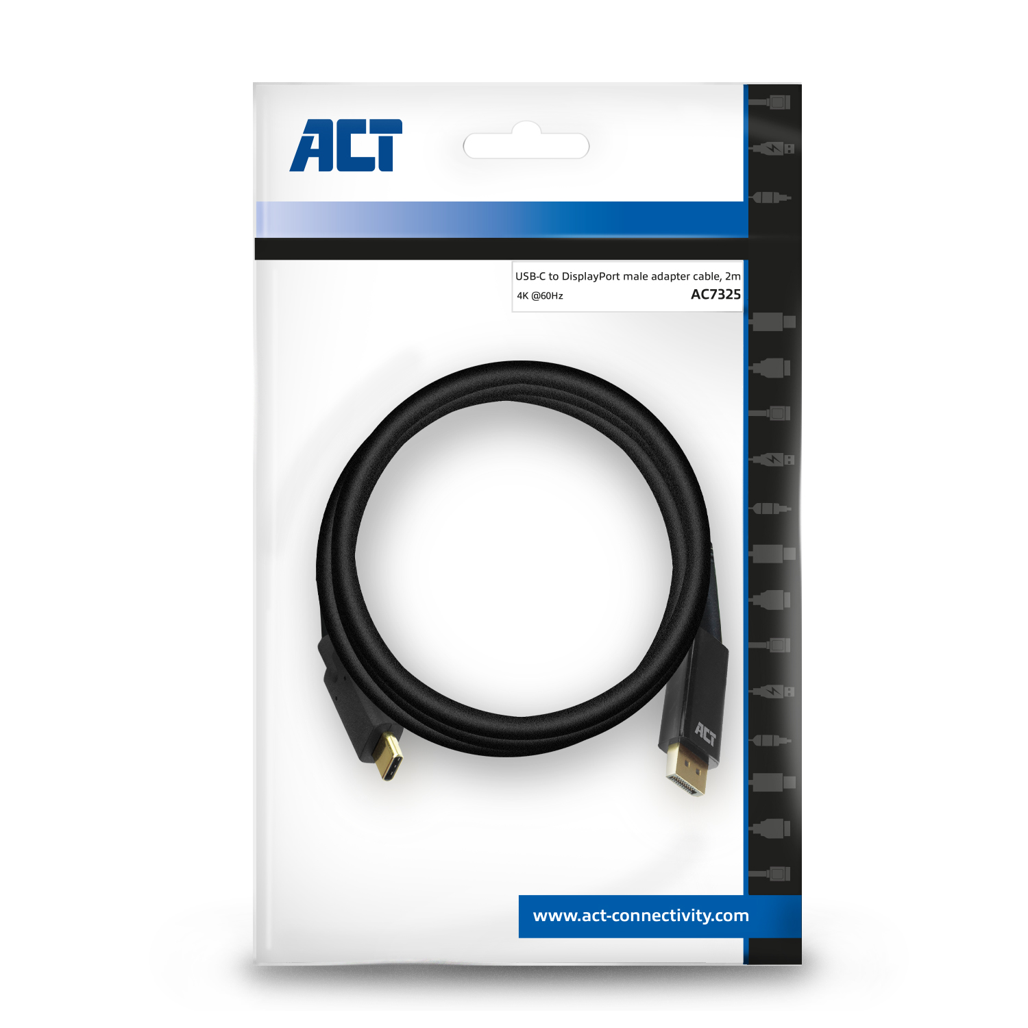 USB-C to DisplayPort adapter cable in packaging. The brand ACT is on the packaging and the cable.