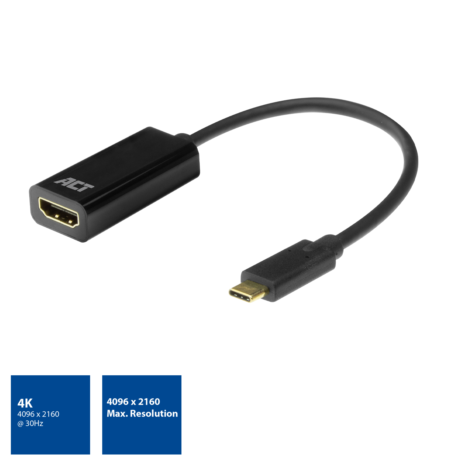 Czarny kabel adaptera HDMI do USB-C. Koniec HDMI jest oznaczony jako ACT. Dwa pola oznaczają rozdzielczość 4K i 4096x2160.