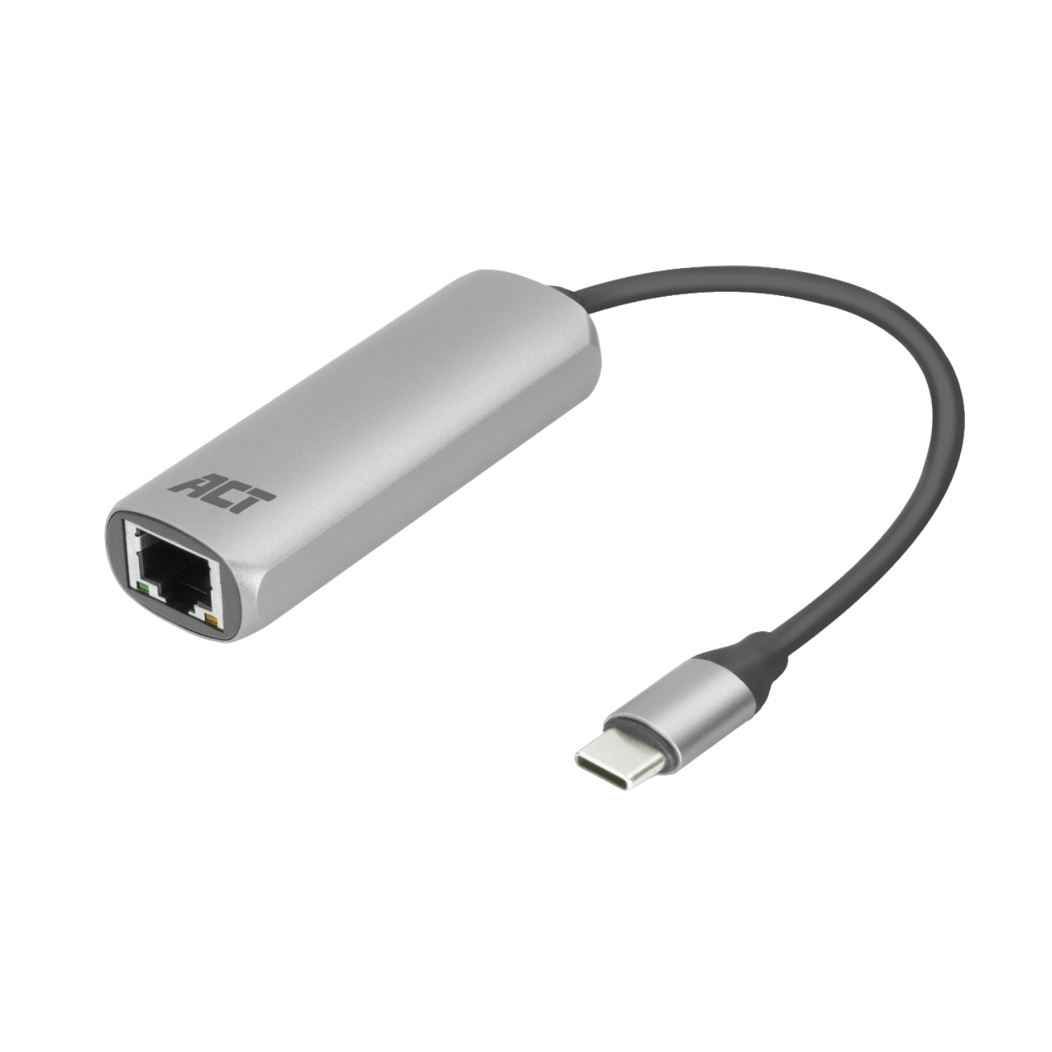 Silberner Ethernet-Adapter mit USB-C-Anschluss und Ethernet-Port. Schwarzer Hintergrund.