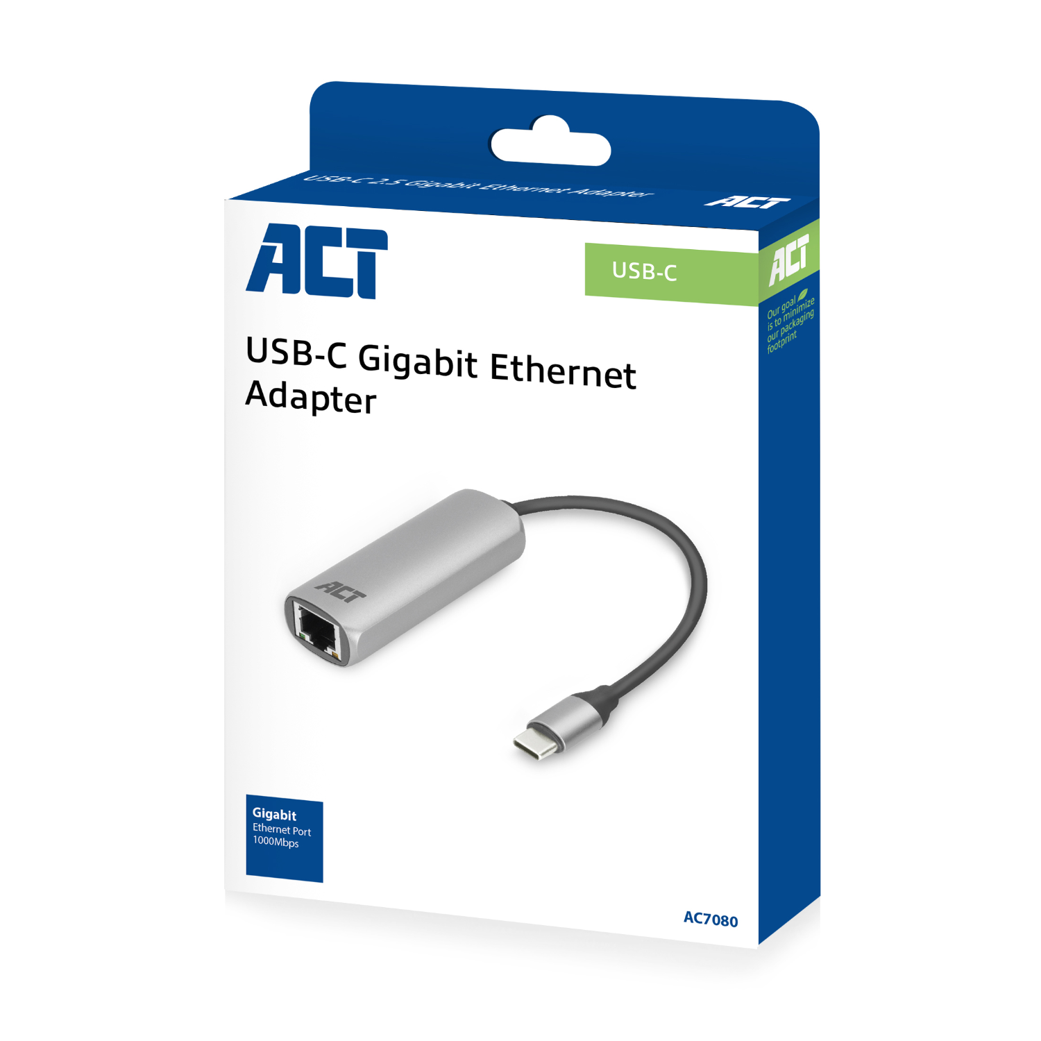 Box mit einem USB-C Gigabit Ethernet Adapter. Die Box ist weiß und blau mit einem silbernen Adapter.