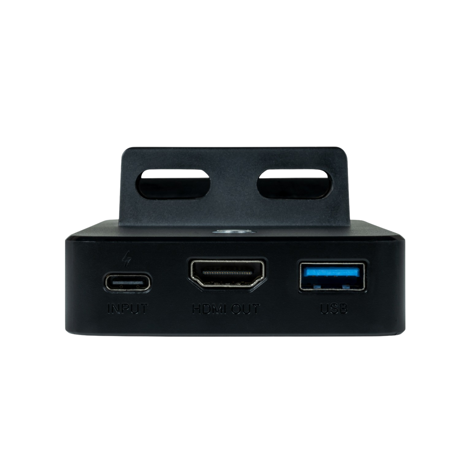Un hub USB-C nero con ingressi, uscite HDMI e porte USB. Ha un supporto per il montaggio.