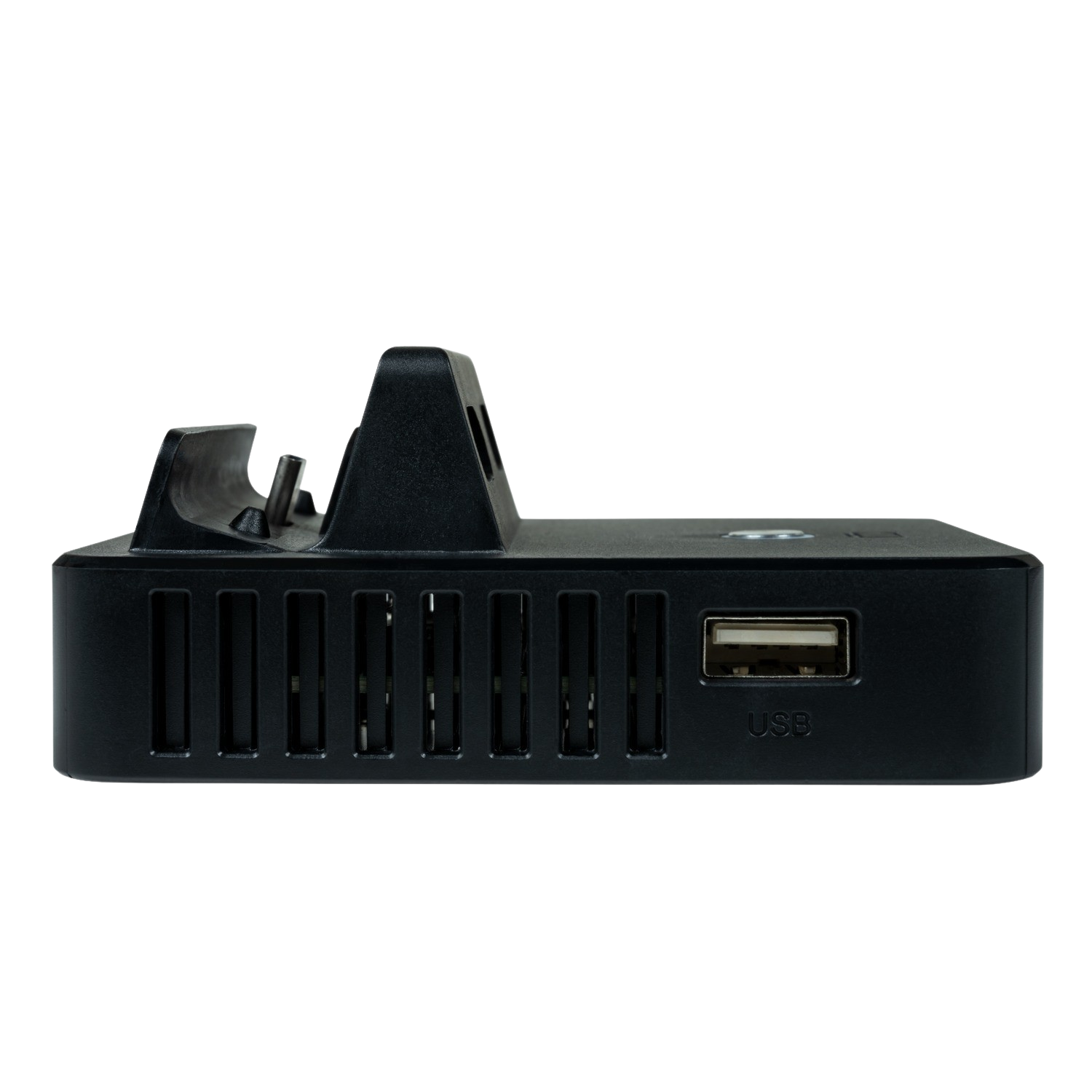 Dispositivo nero con porta USB e dock di ricarica, su sfondo nero.