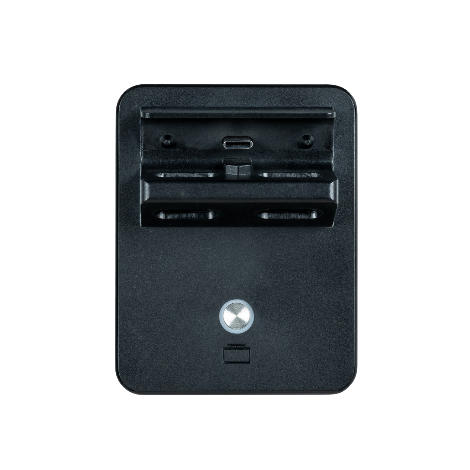 Una stazione di ricarica nera con una porta USB-C e un pulsante argentato.