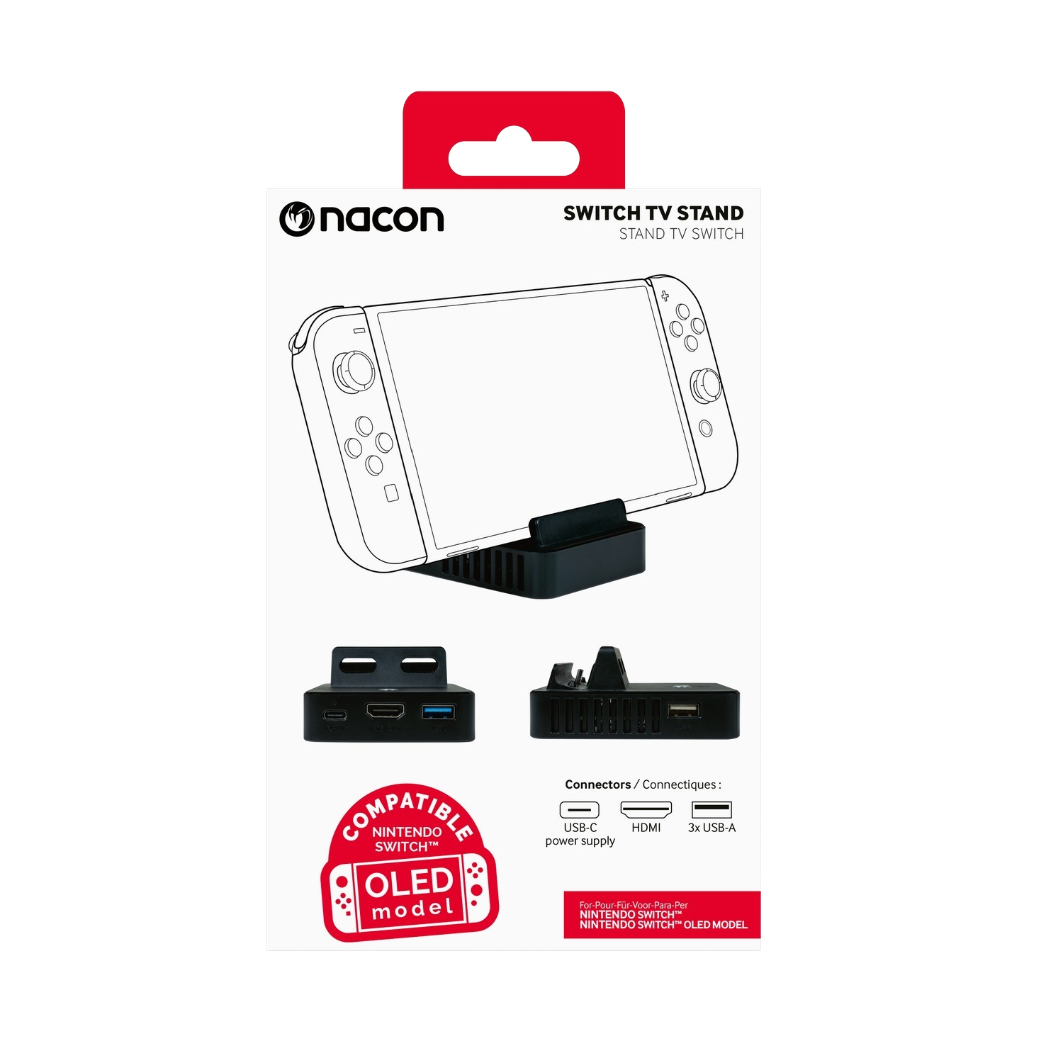 Scatola del supporto TV Switch. La scatola presenta immagini del supporto e dei connettori. Sfondo bianco.