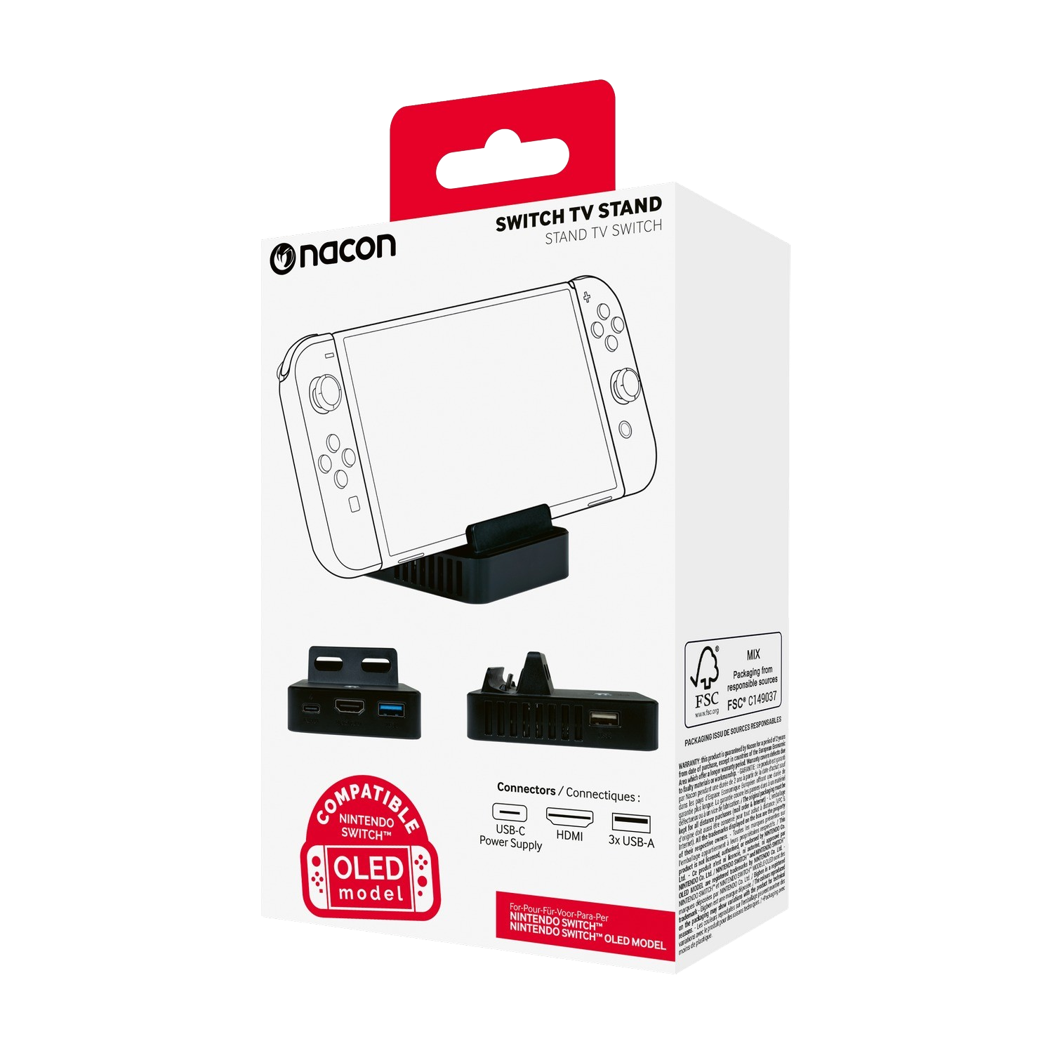 Scatola del supporto TV Nacon Switch. Mostra supporto, connettori ed etichetta modello Nintendo Switch OLED.